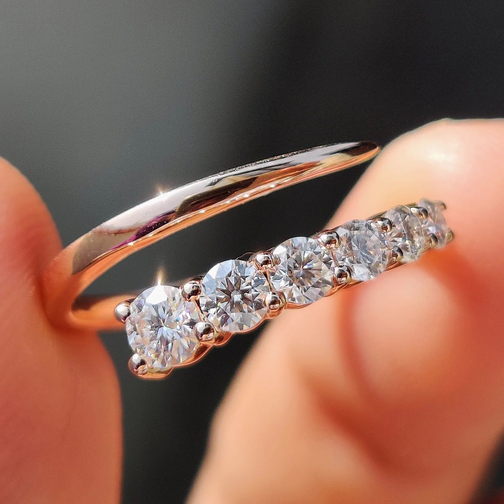 Dainty Moissanite & Diamond Open Wrap Ring in Rose Gold - Minimalist Stackable Band