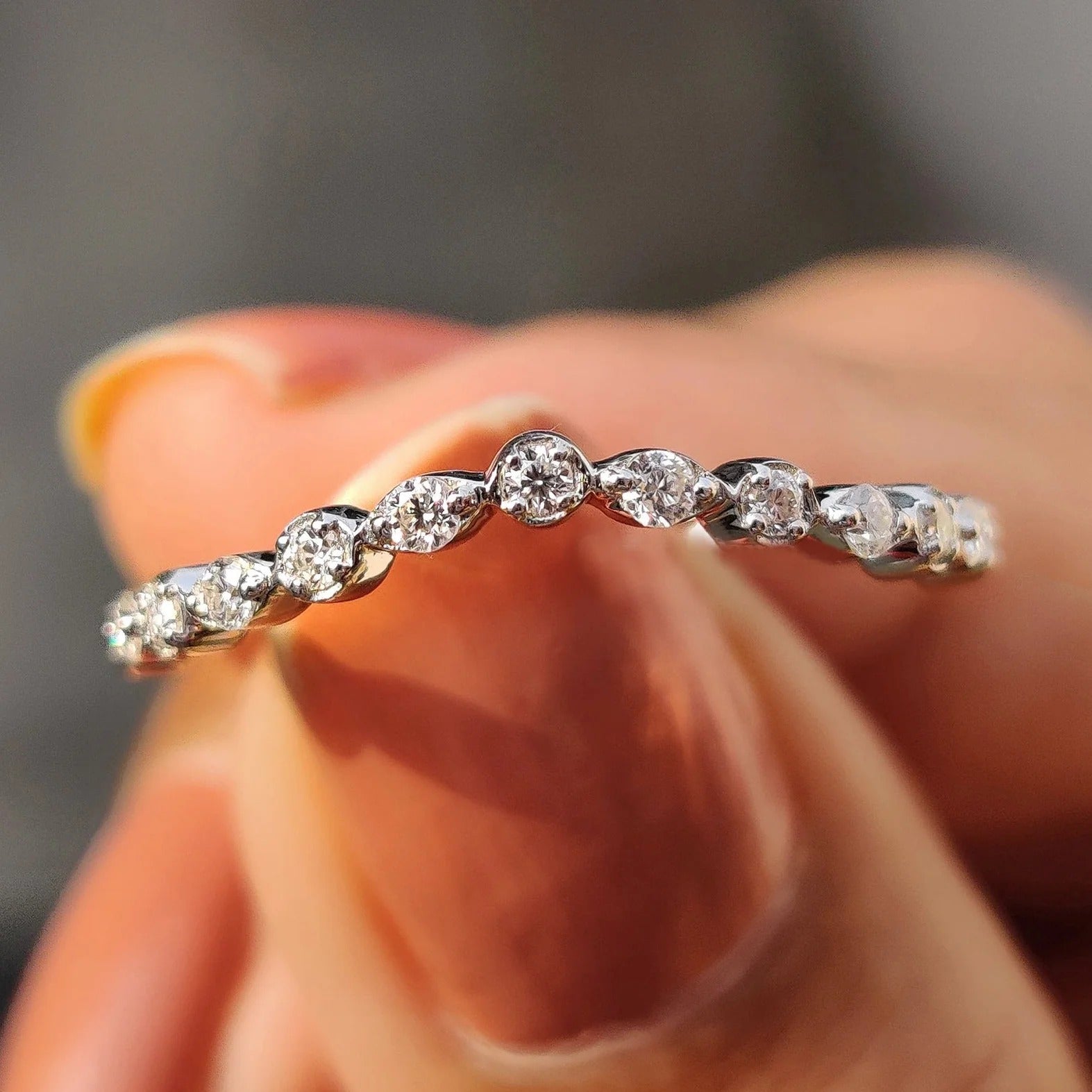 Curved Moissanite & Diamond Wedding Band - Dainty Stackable V-Shape Stacking Ring