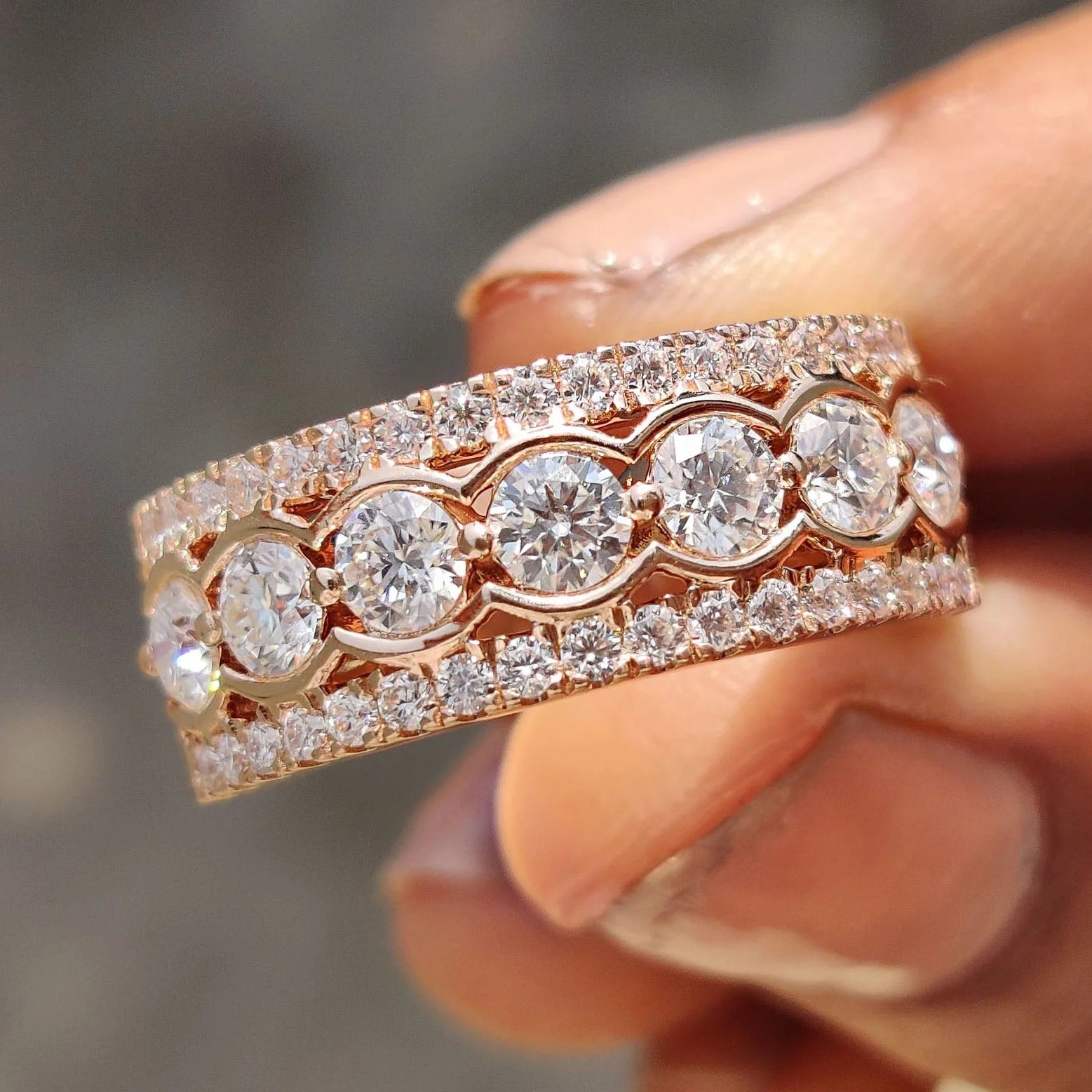 Moissanite Diamond Wide Eternity Band Stackable Rose Gold Statement Wedding Ring
