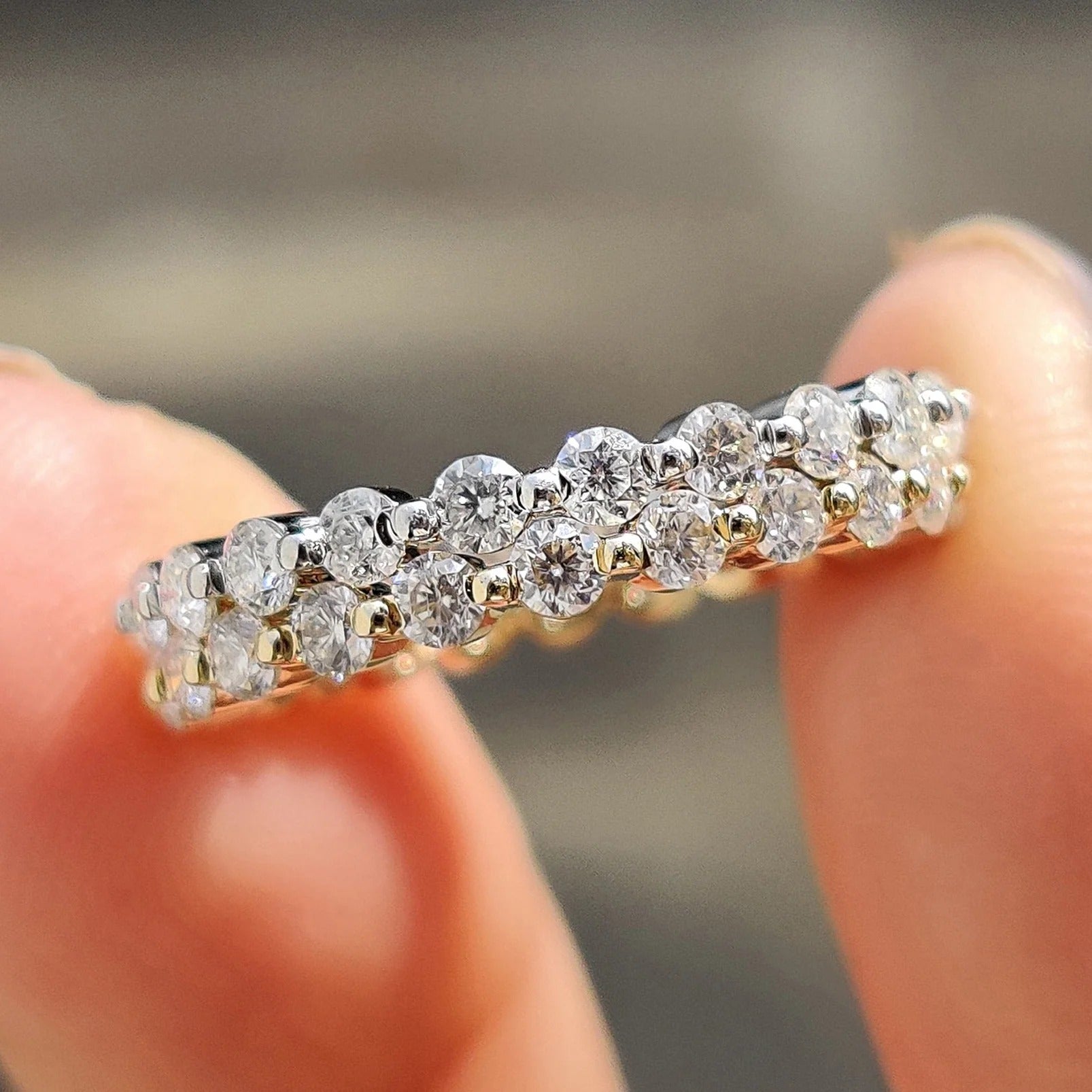 Moissanite and Diamond Double Row Eternity Band Stackable Wedding Ring