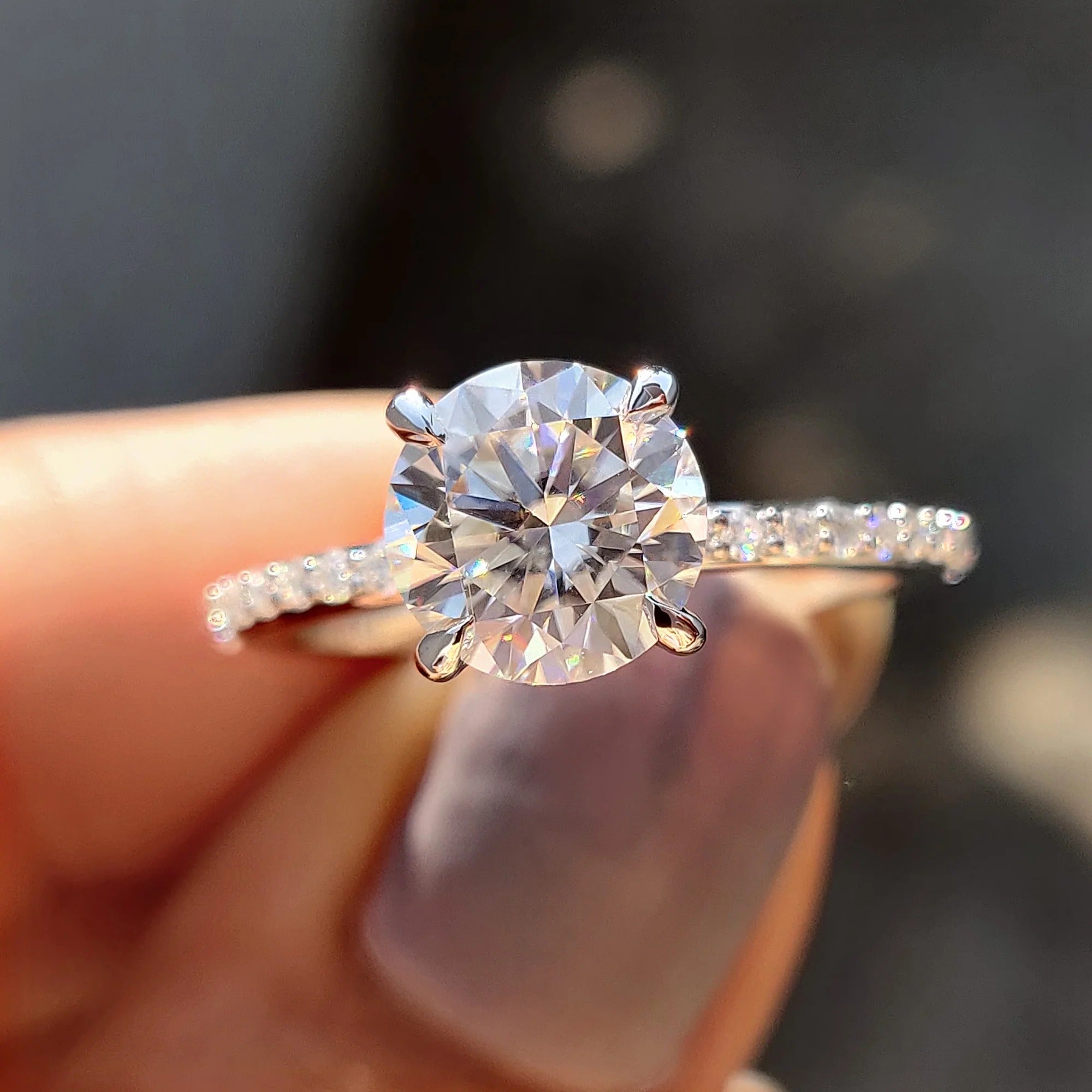 Round Cut Moissanite Engagement Ring with Diamond Pave Band in White Gold Setting