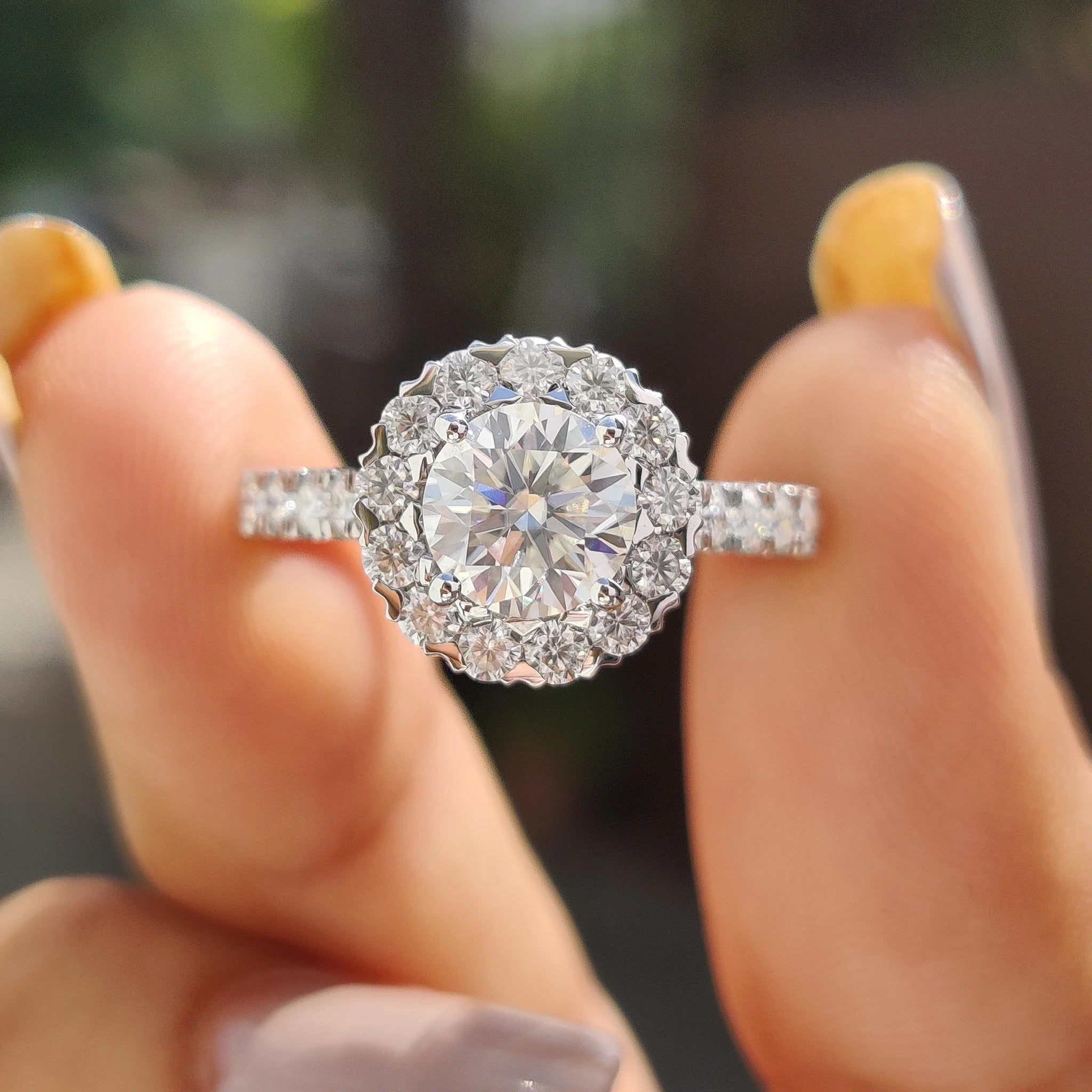 Round Cut Moissanite Halo Engagement Ring with Diamond Pave Band in White Gold