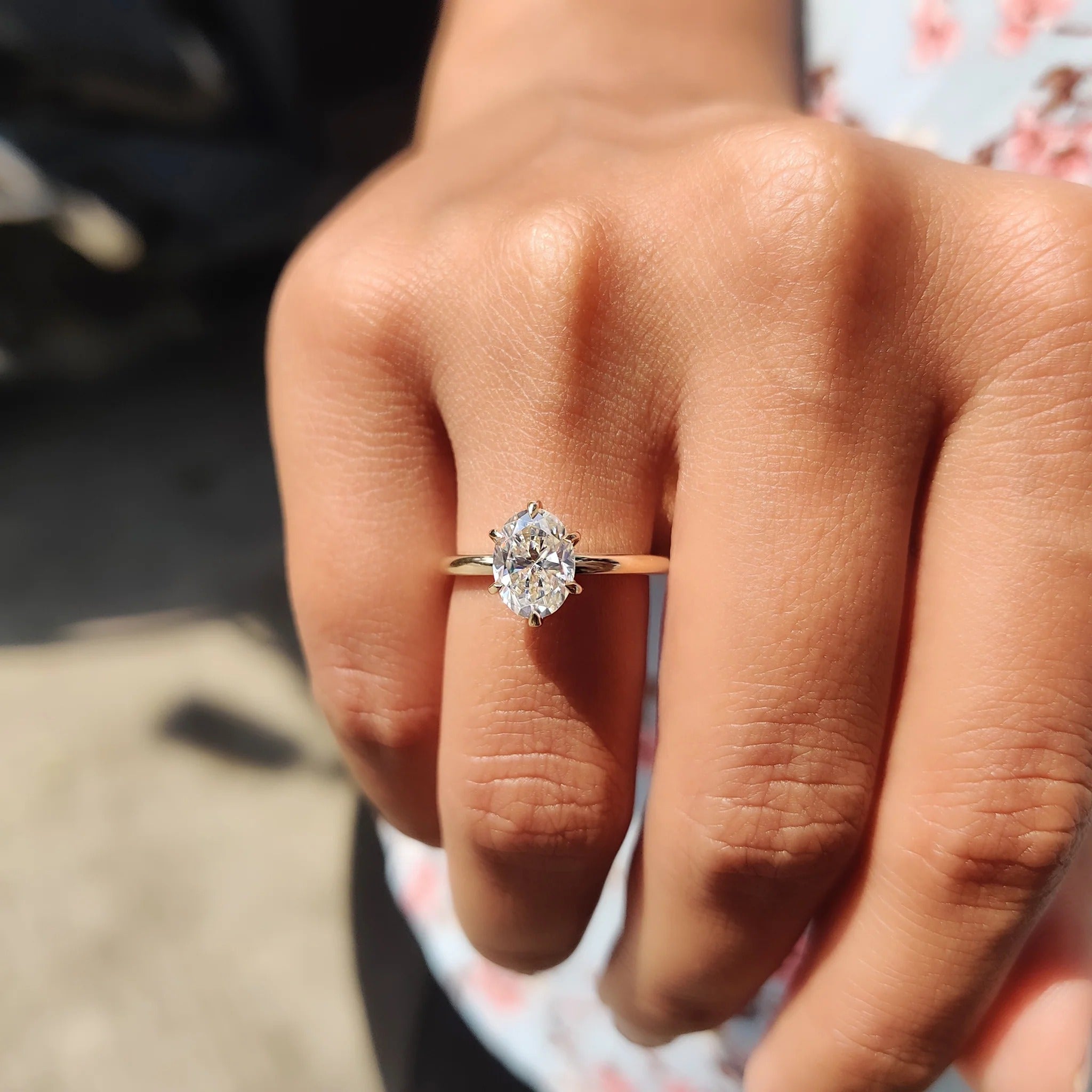 Oval Cut Moissanite Engagement Ring Solitaire Setting in Yellow Gold Minimalist Band