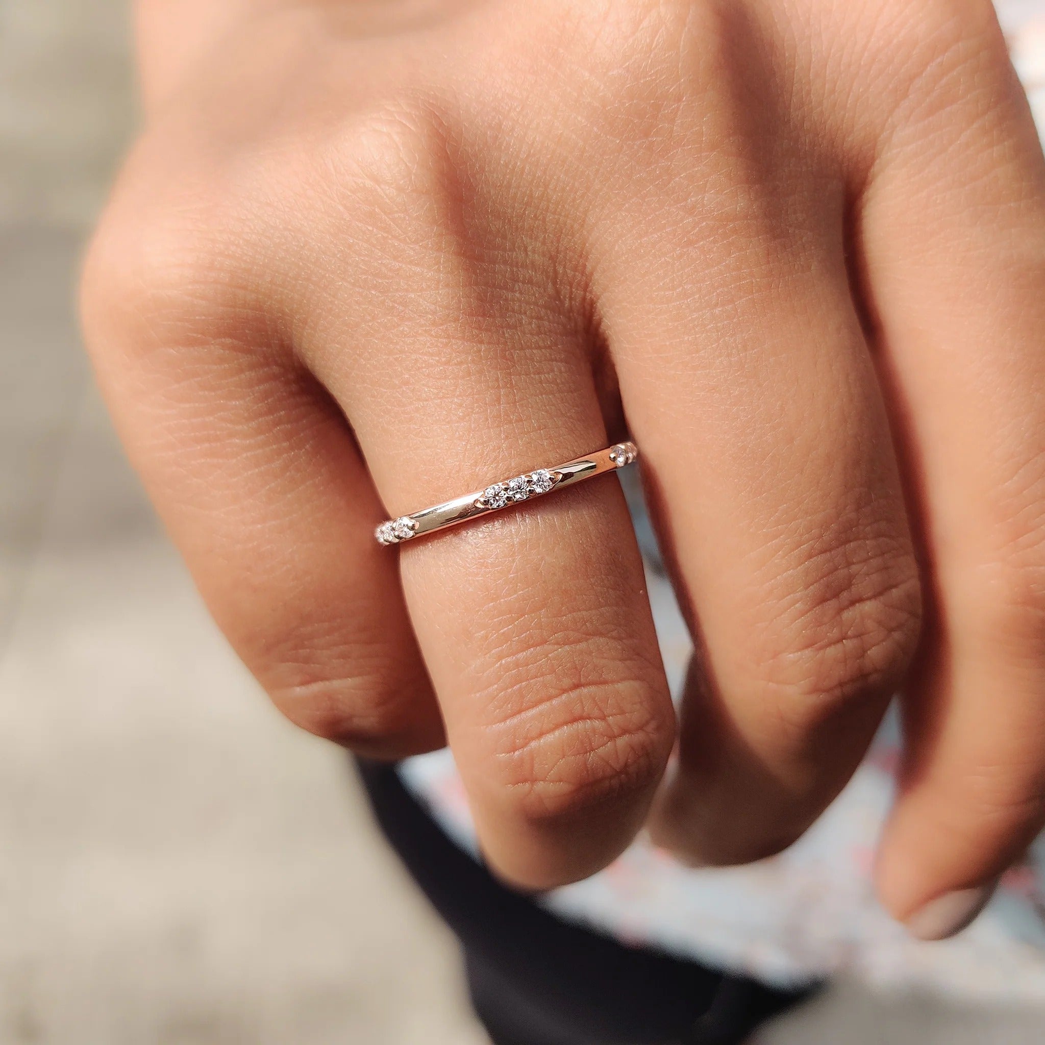 Dainty Moissanite Diamond Station Band Rose Gold Minimalist Stackable Wedding Ring