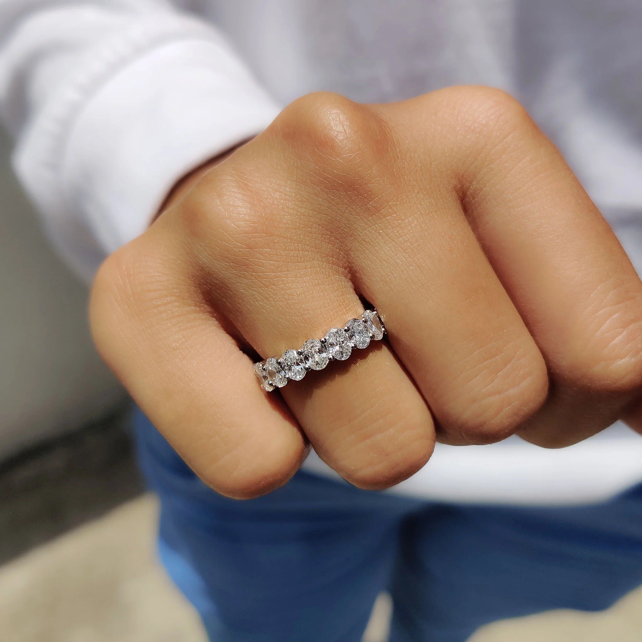 Oval Cut Moissanite Diamond Eternity Band Sterling Silver Stackable Wedding Ring