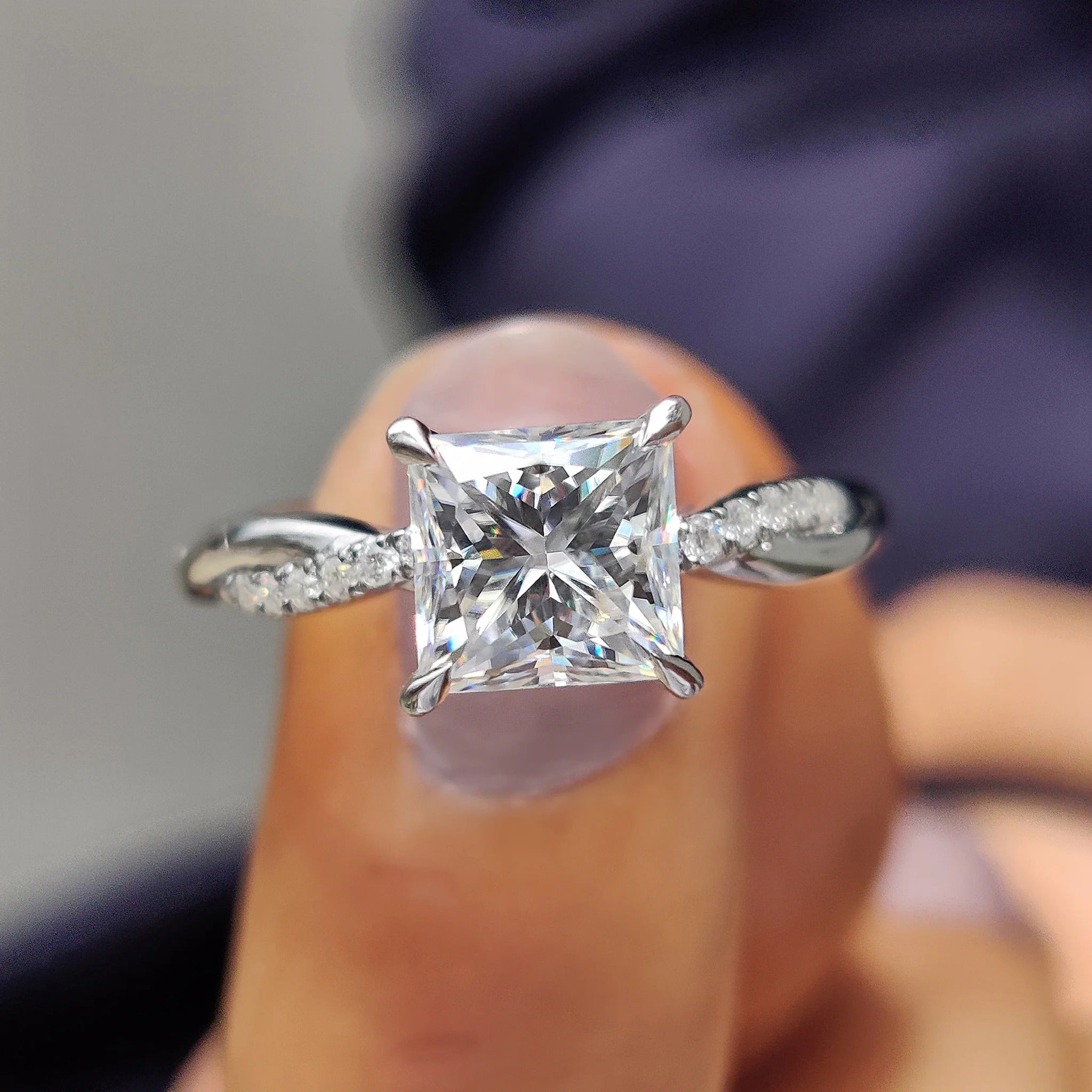 Princess Cut Moissanite Engagement Ring with Diamond Twist Band in White Gold