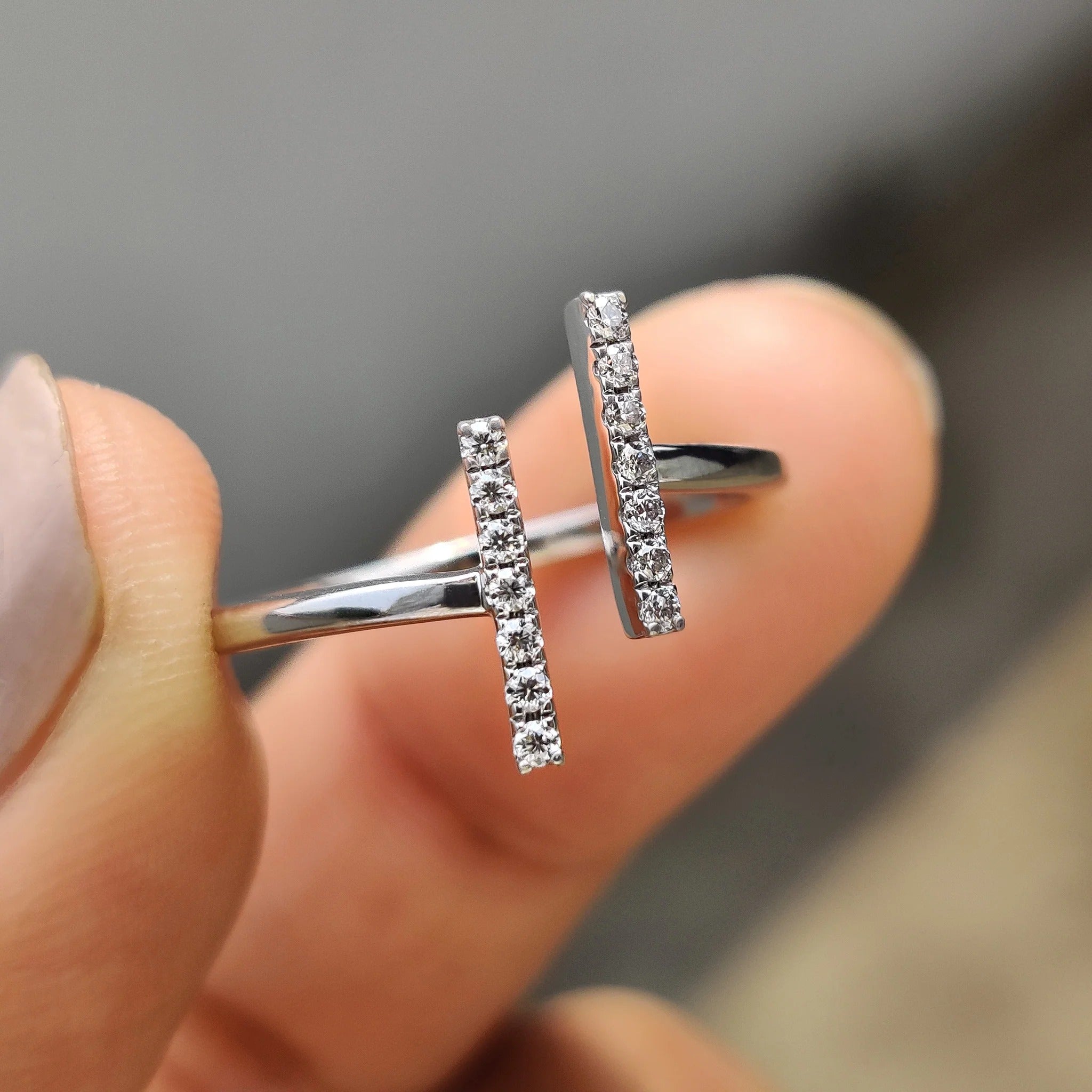 Modern Moissanite Diamond Bar Open Ring Sterling Silver Adjustable Stacking Band