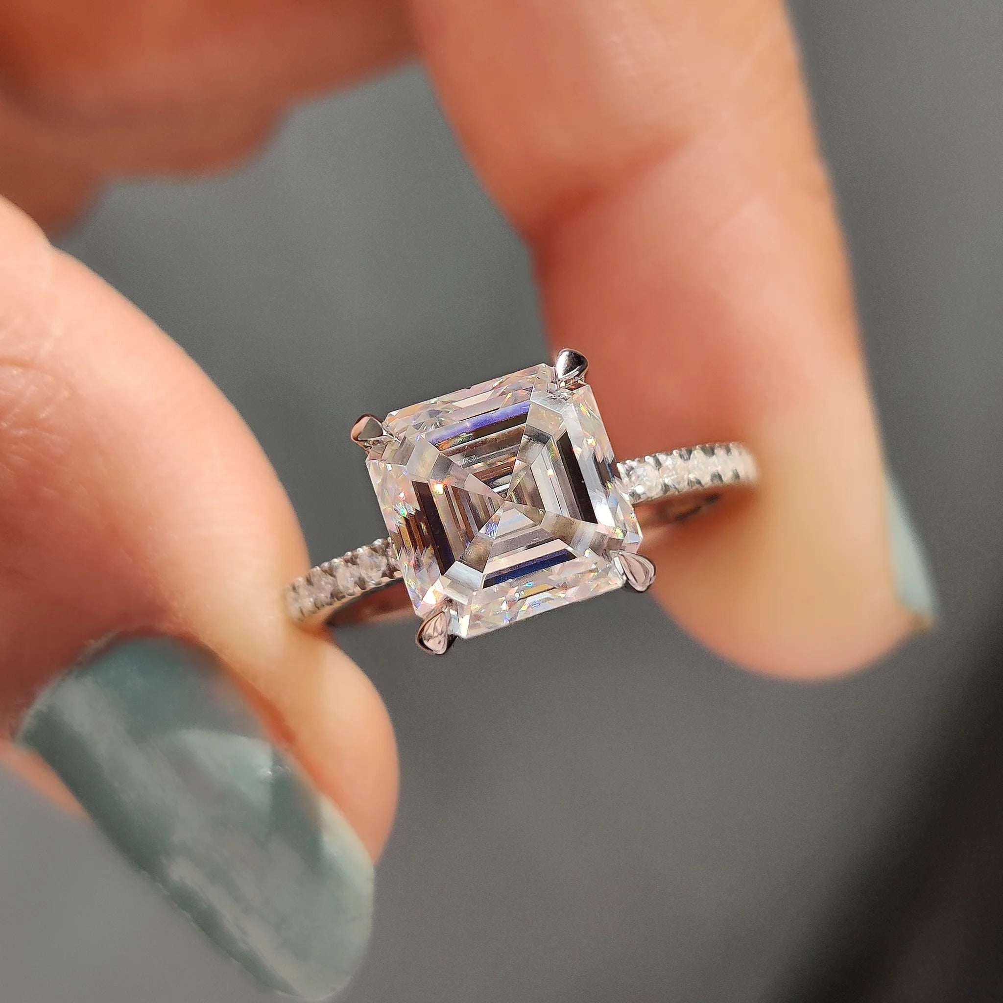 Asscher Cut Moissanite Engagement Ring with Diamond Pave Band