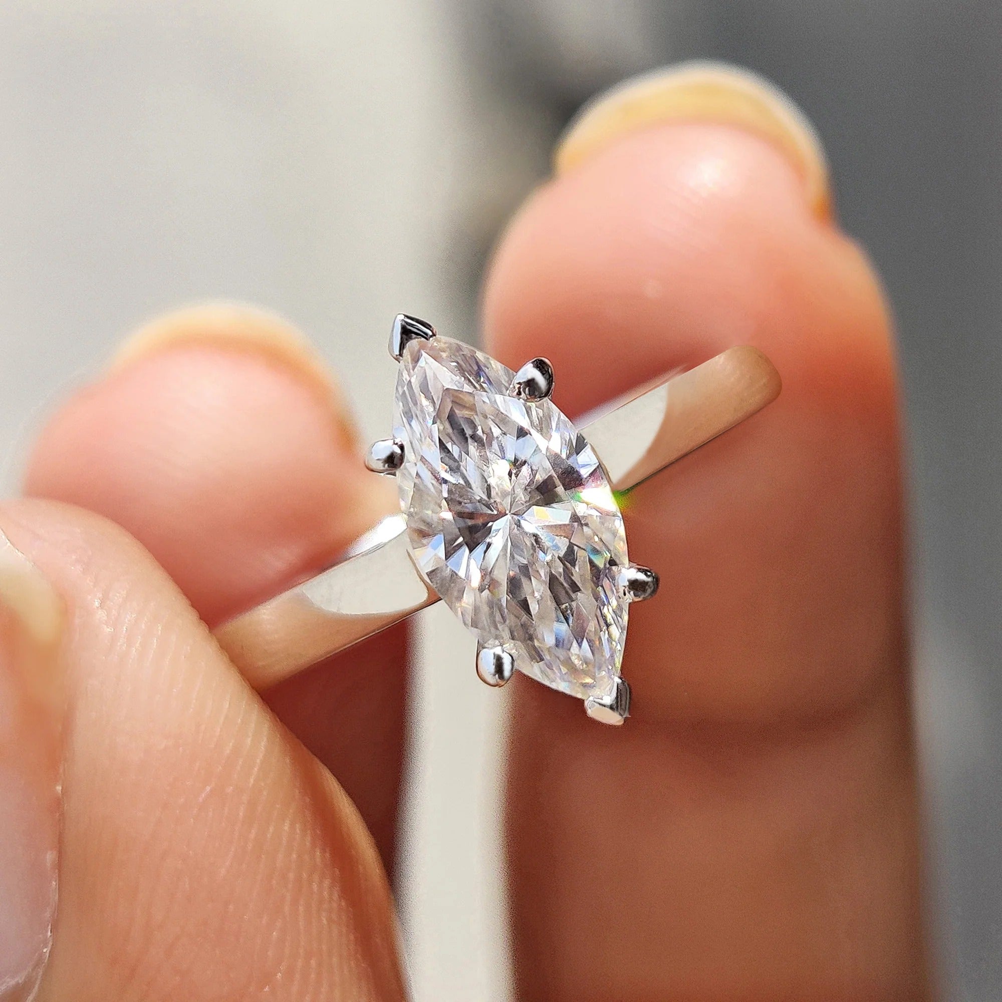 Marquise Cut Moissanite Engagement Ring Solitaire Setting in Polished White Gold Band
