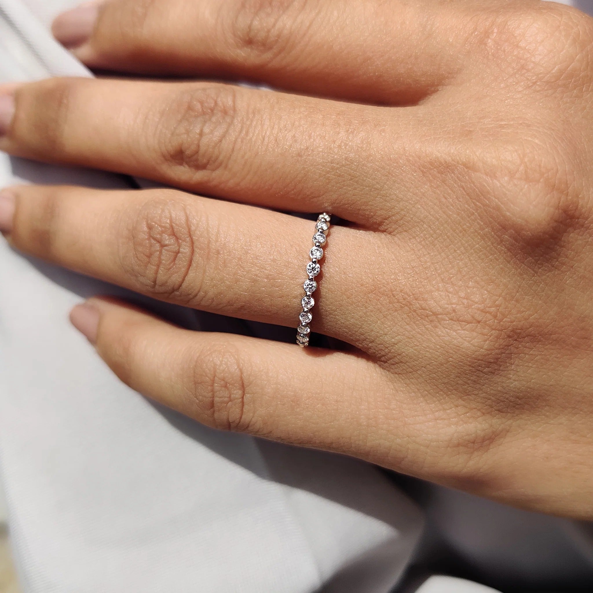 Round Moissanite in Diamond Stackable Eternity Band White Gold Wedding Ring