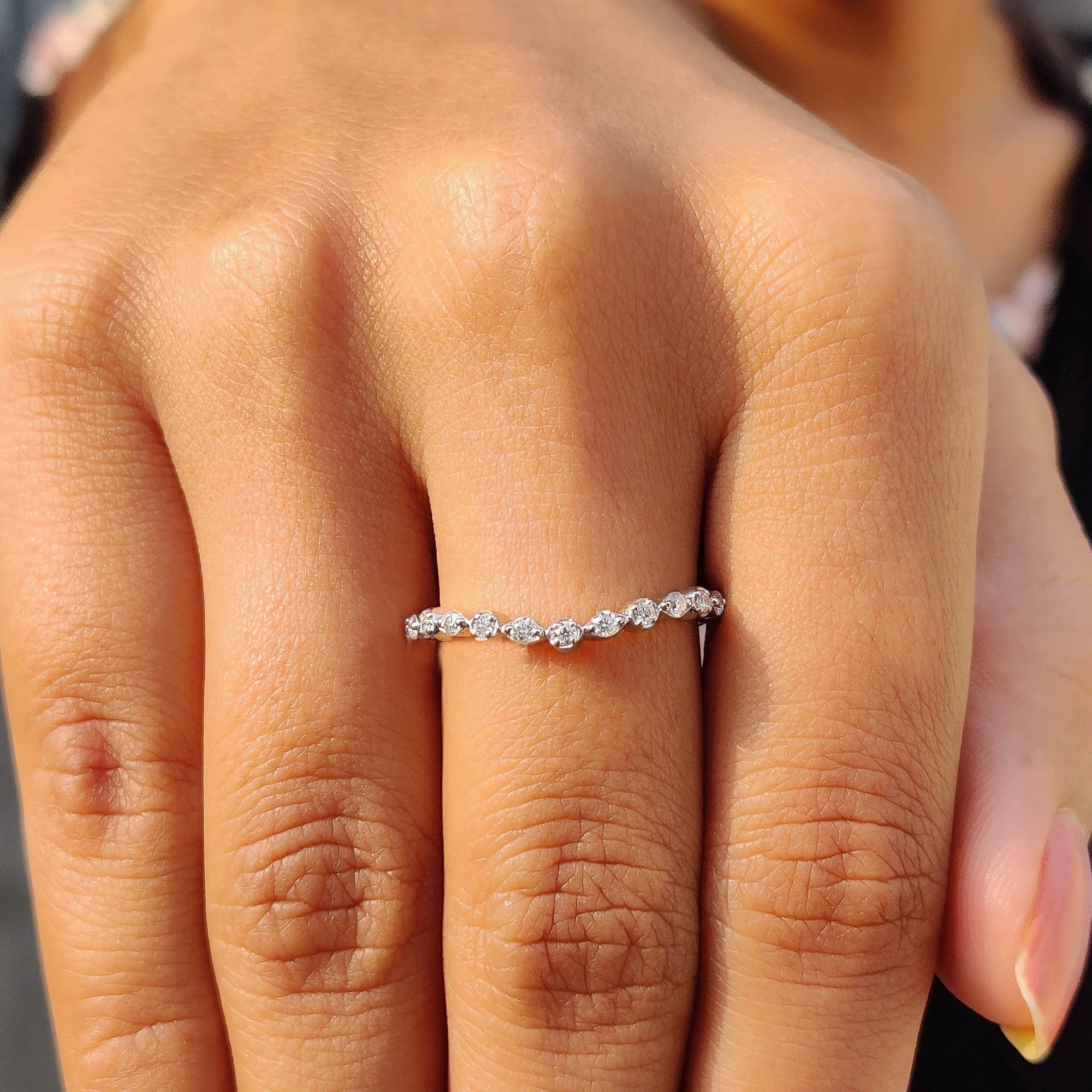 Curved Moissanite & Diamond Wedding Band - Dainty Stackable V-Shape Stacking Ring