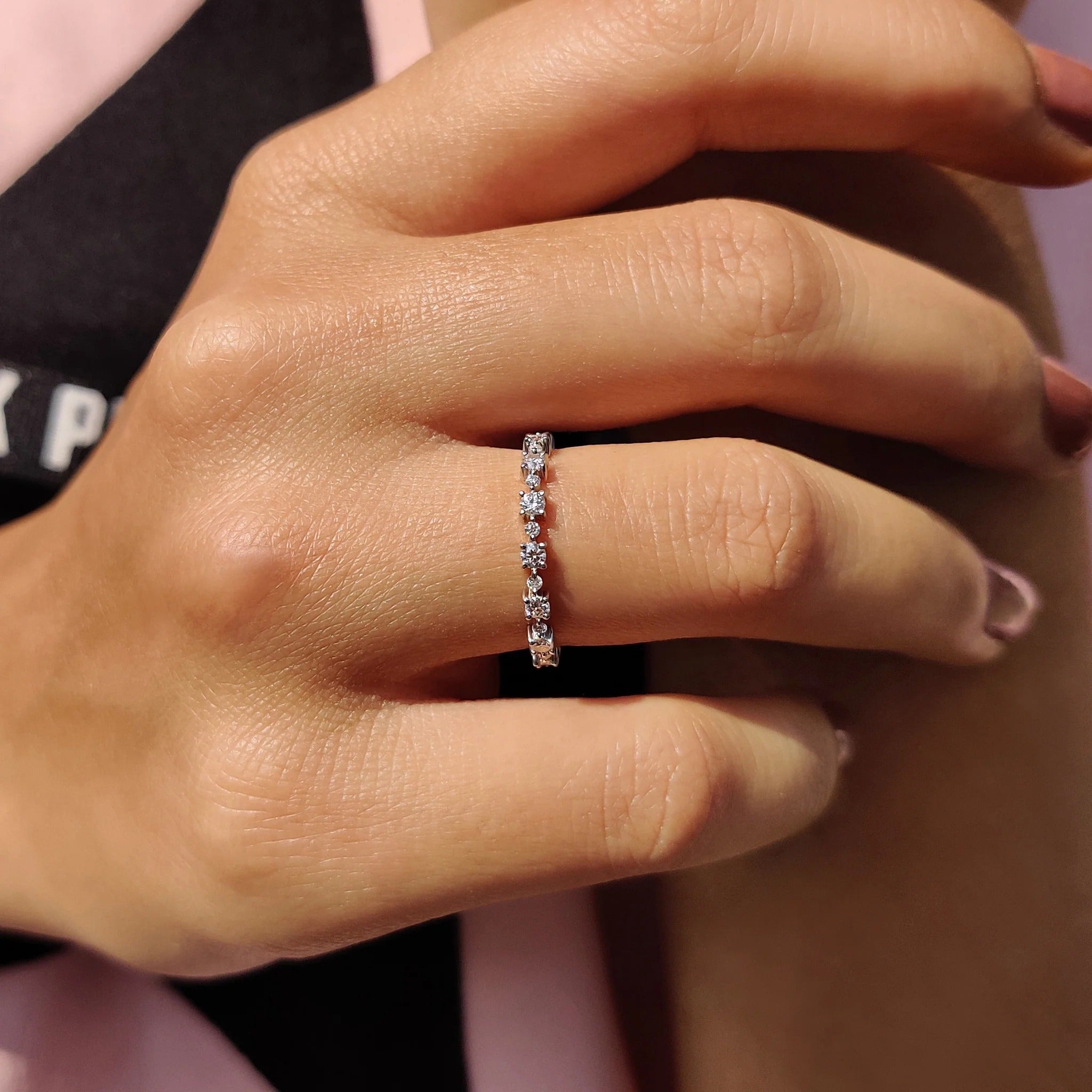 Round Moissanite Diamond Dainty Eternity Band Minimalist Stackable Ring