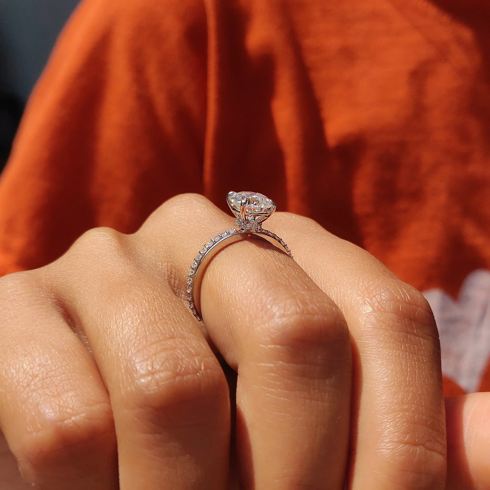 Round Cut Moissanite Engagement Ring with Diamond Pave Band in White Gold Setting