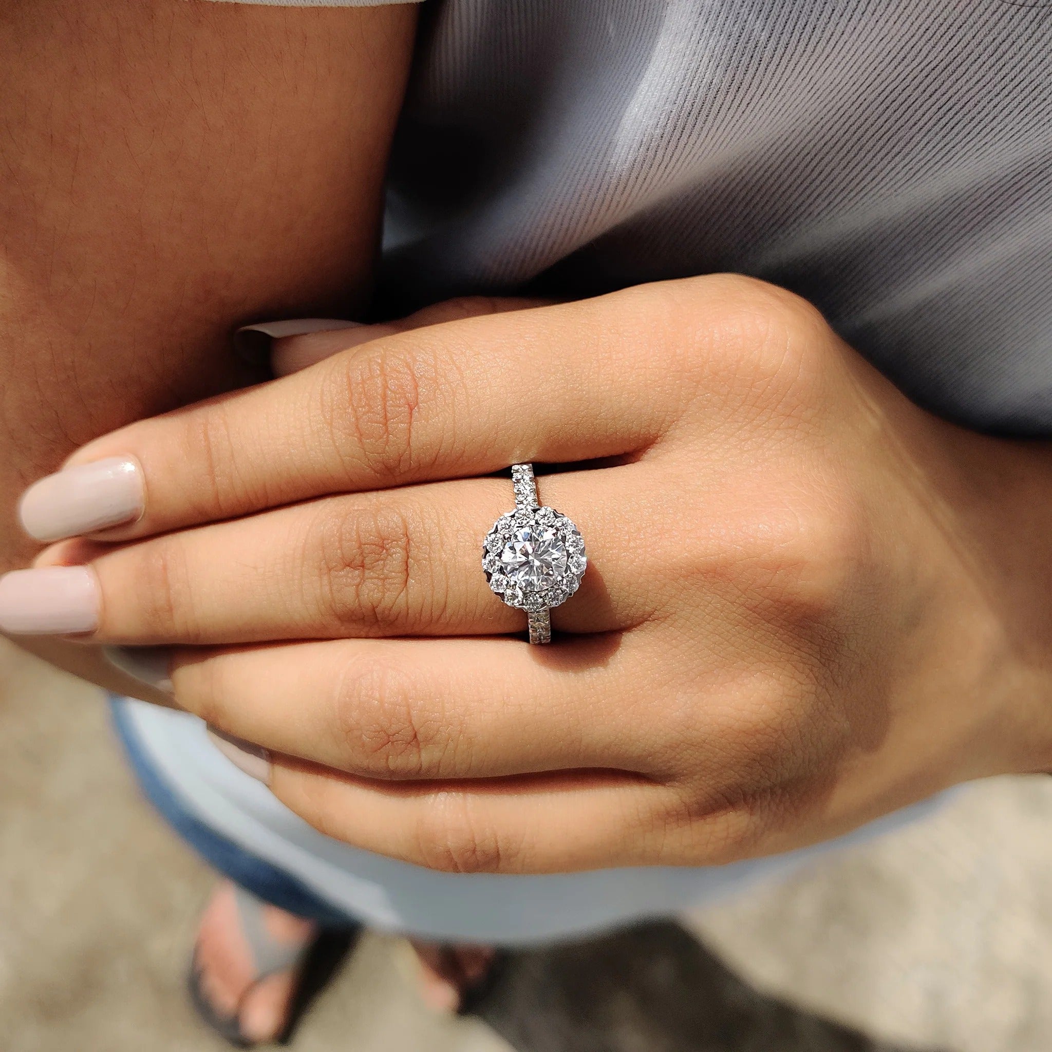 Round Cut Moissanite Halo Engagement Ring with Diamond Pave Band in White Gold