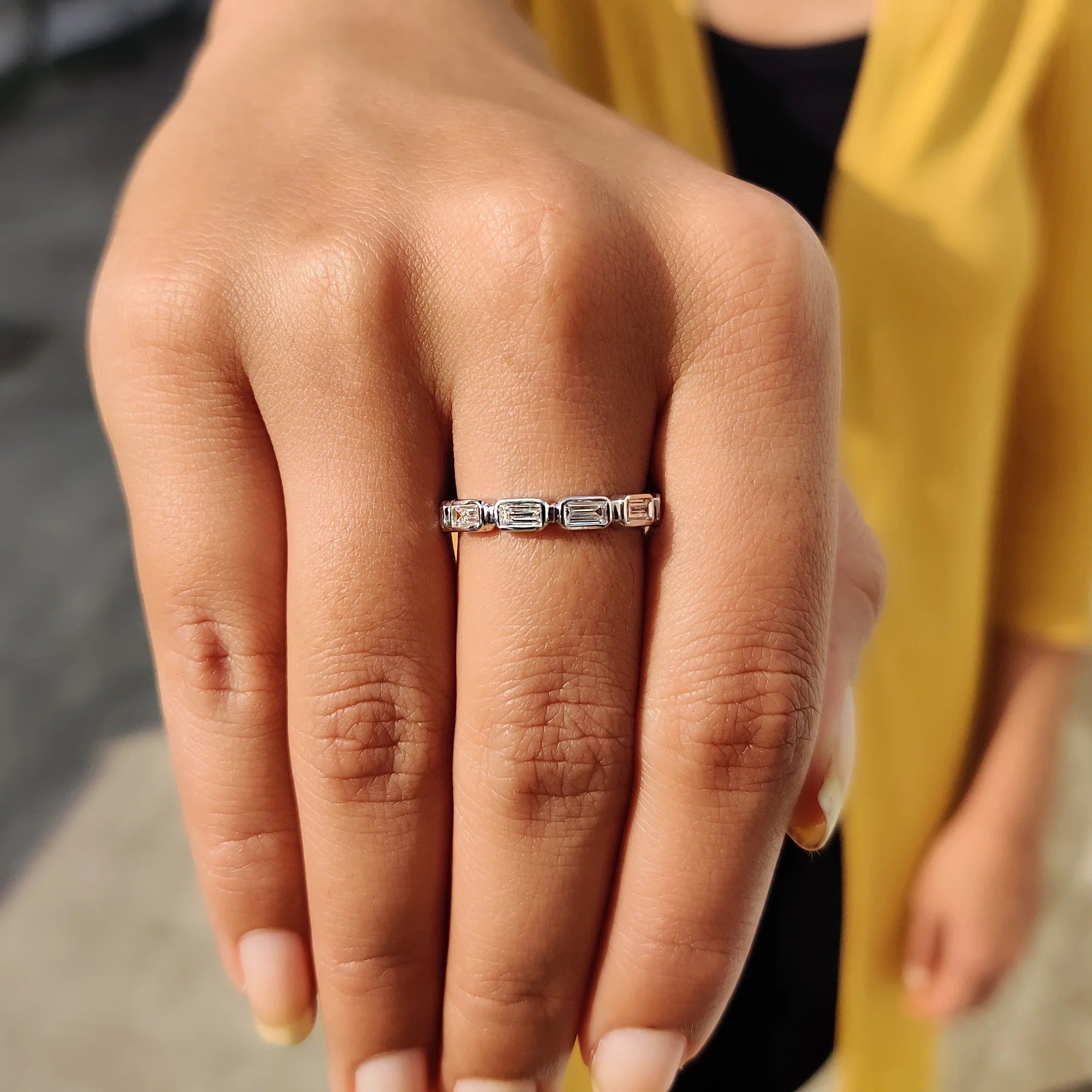 Baguette Cut Moissanite Diamond Bezel Set Band Minimalist Stacking Wedding Ring Band