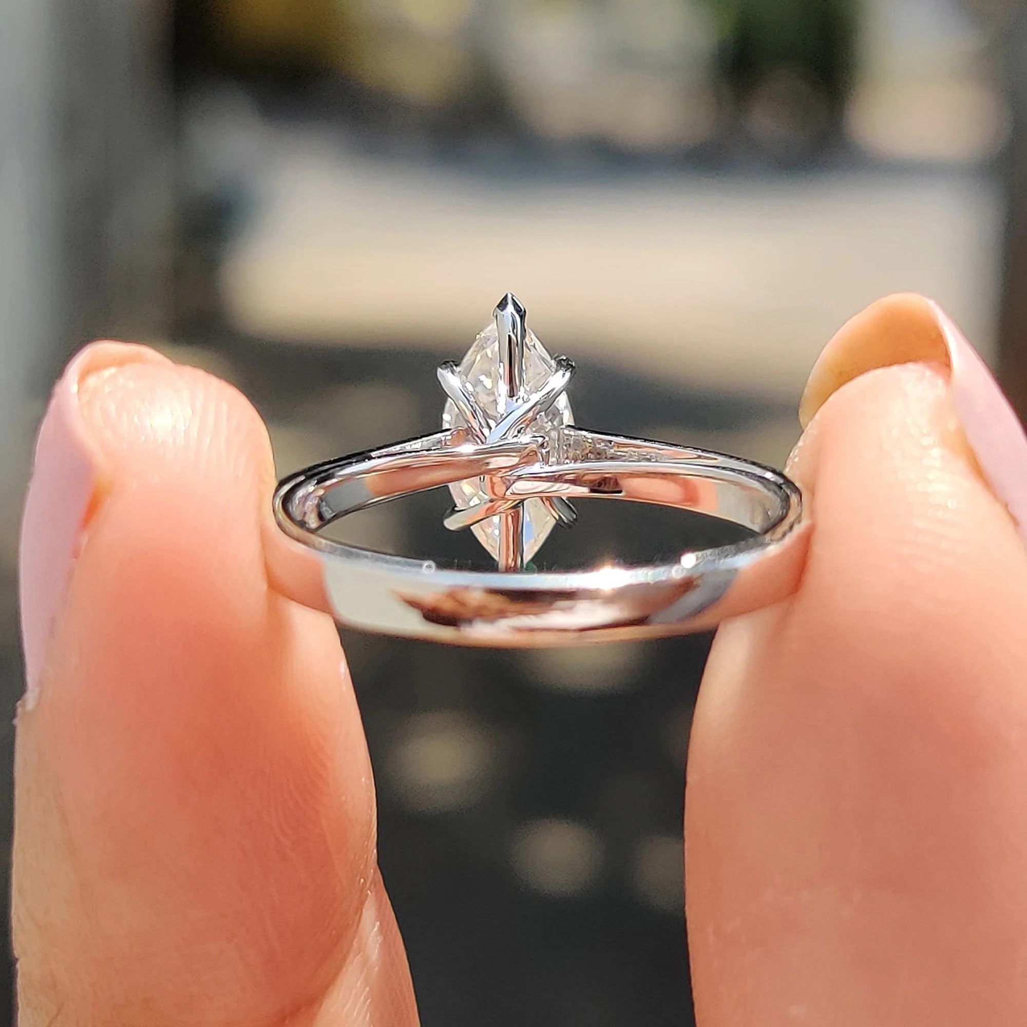 Marquise Cut Moissanite Engagement Ring Solitaire Setting in Polished White Gold Band
