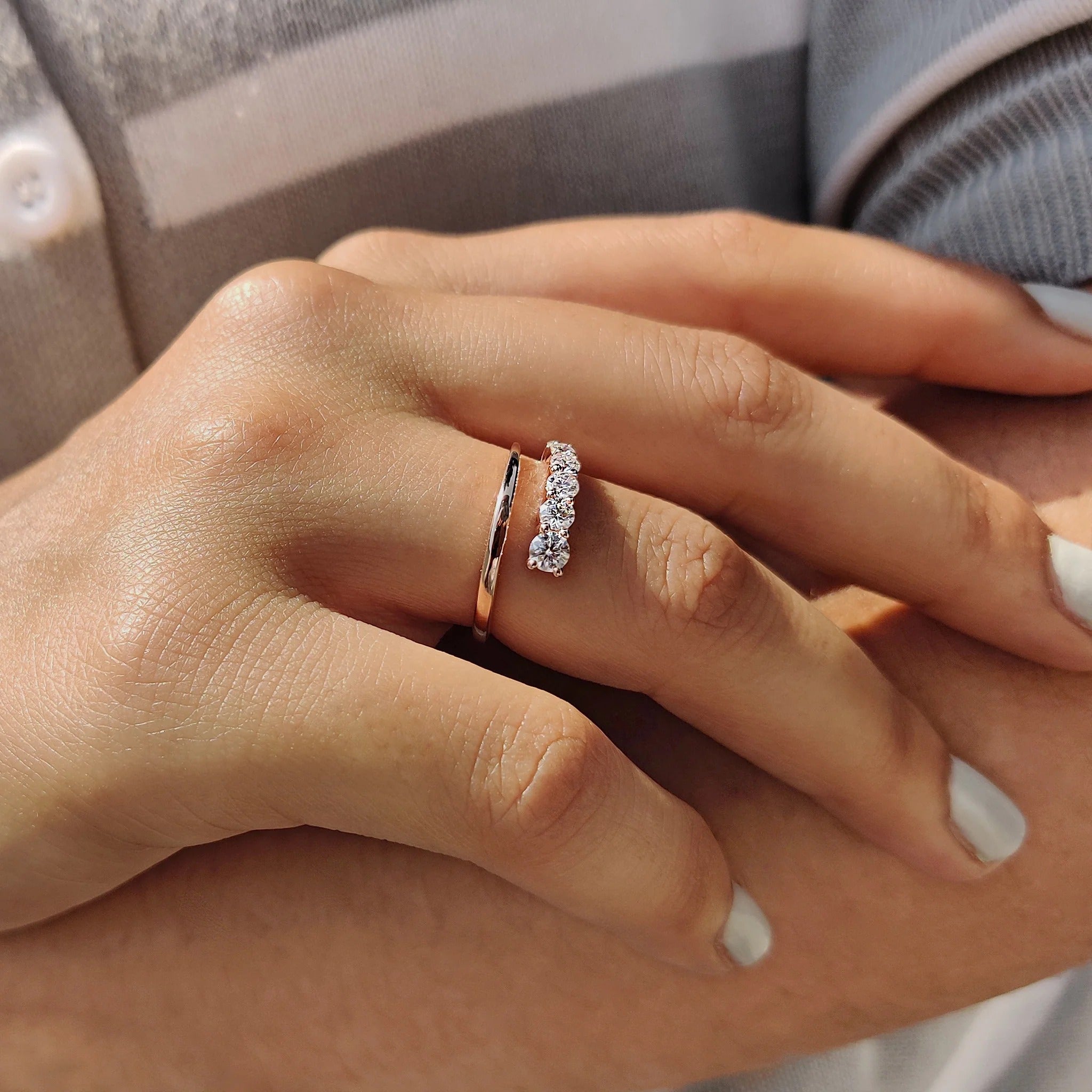 Dainty Moissanite & Diamond Open Wrap Ring in Rose Gold - Minimalist Stackable Band