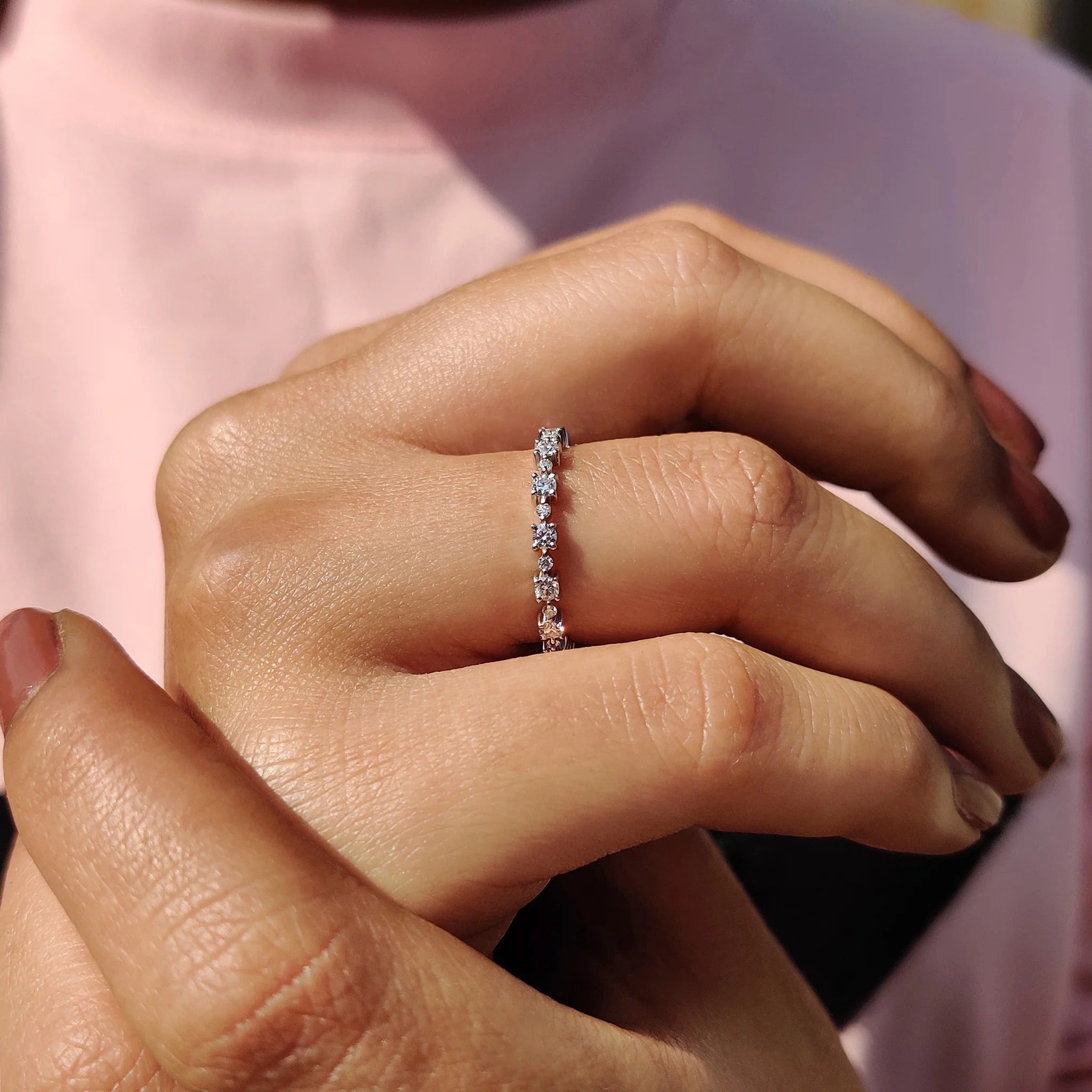 Round Moissanite Diamond Dainty Eternity Band Minimalist Stackable Ring