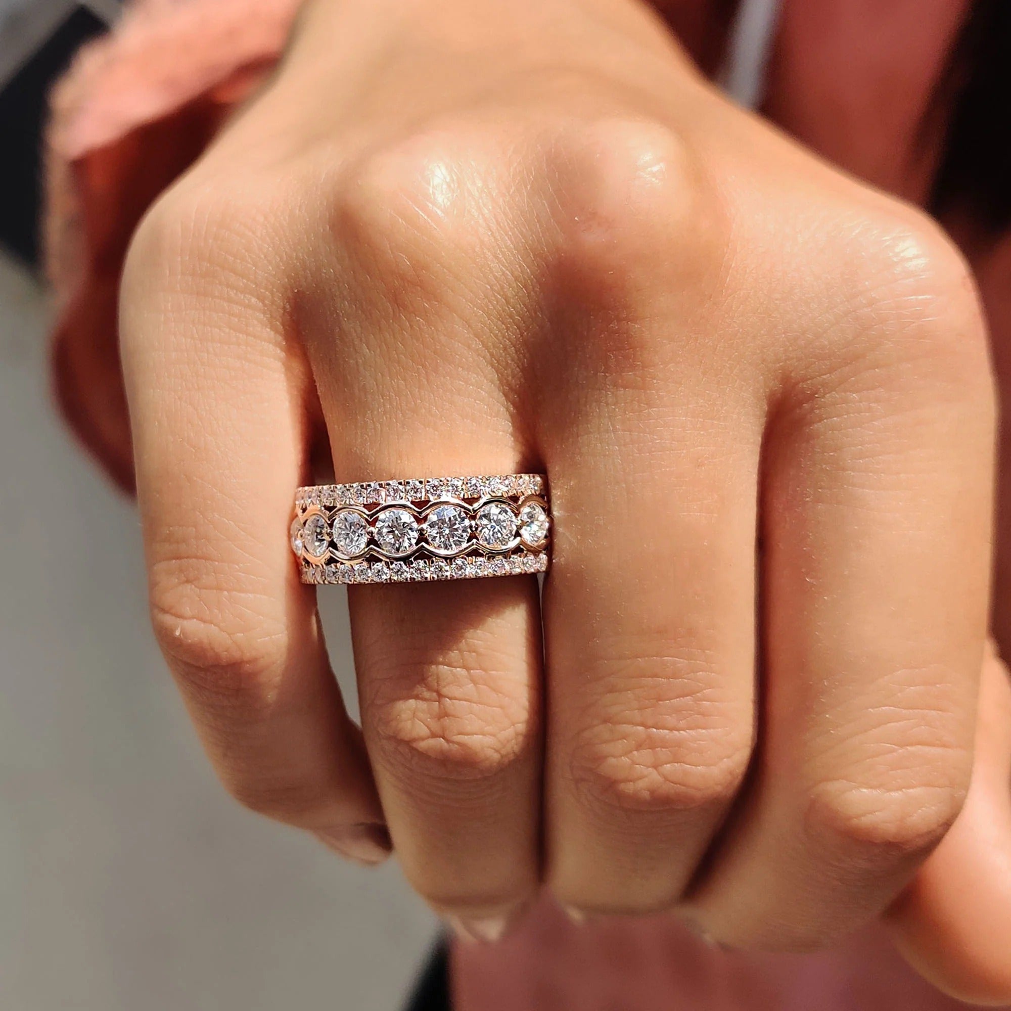 Moissanite Diamond Wide Eternity Band Stackable Rose Gold Statement Wedding Ring