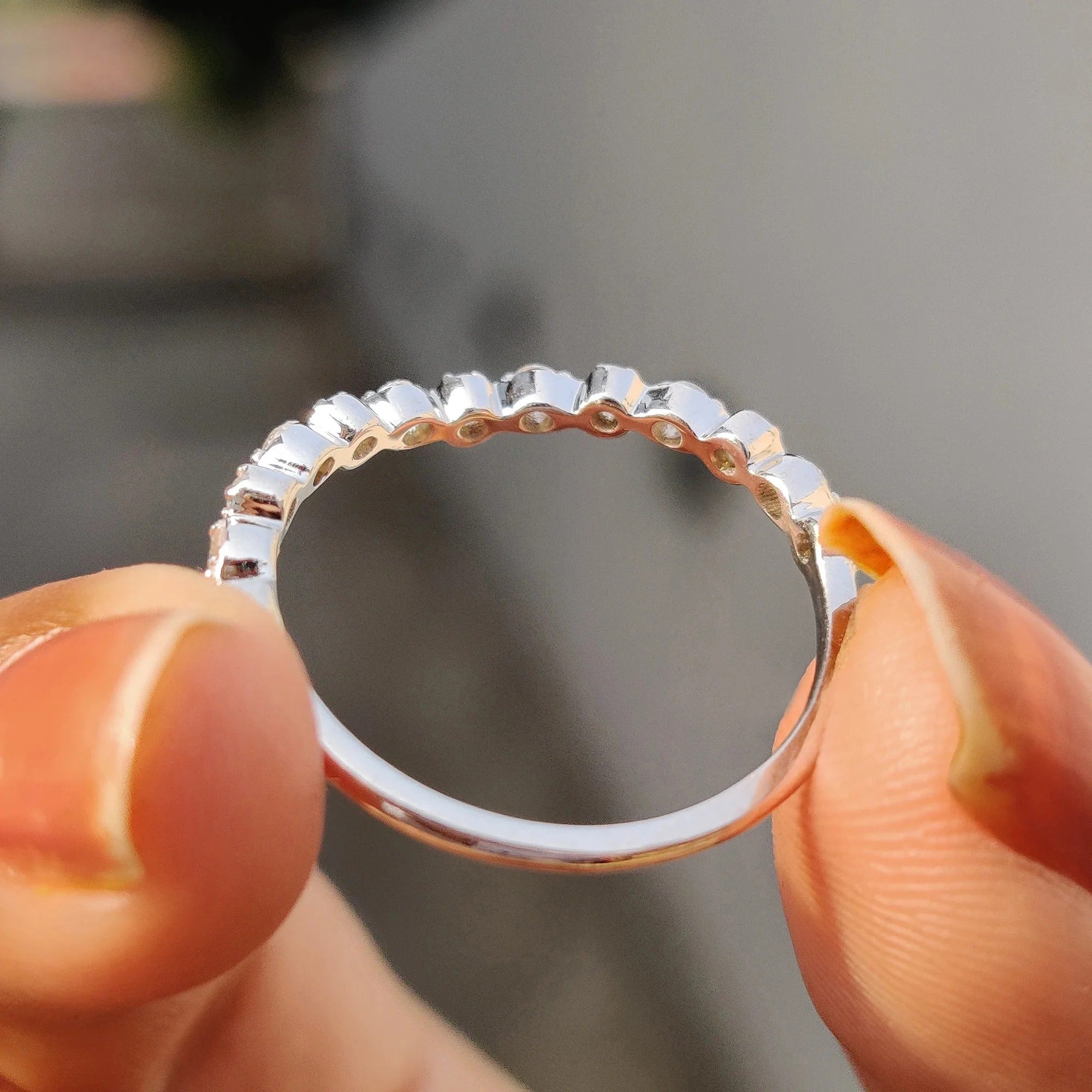 Curved Moissanite & Diamond Wedding Band - Dainty Stackable V-Shape Stacking Ring