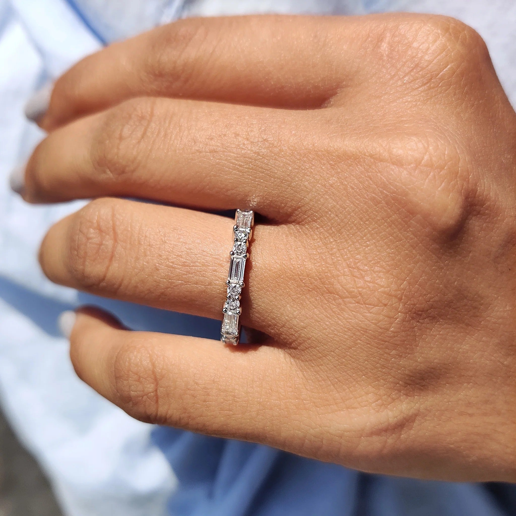 Moissanite Diamond Baguette Round Eternity Band Minimalist Stackable Wedding Ring