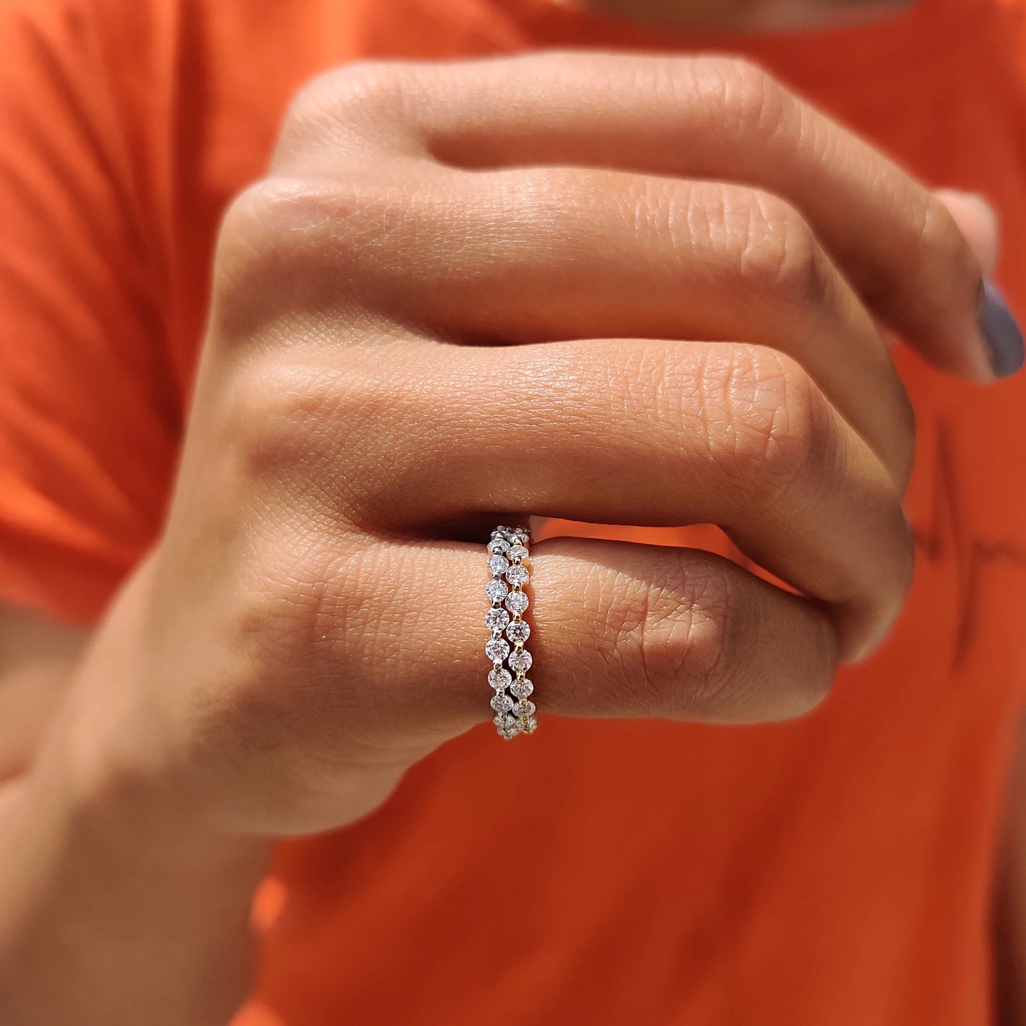 Moissanite and Diamond Double Row Eternity Band Stackable Wedding Ring