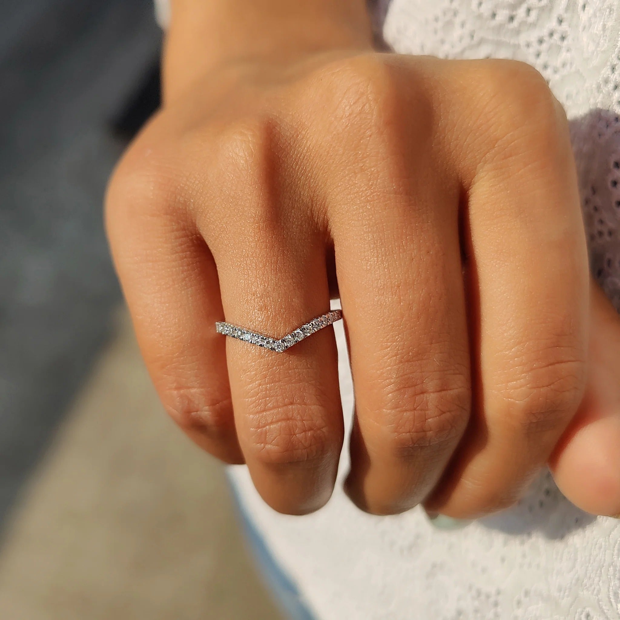 Moissanite Diamond Chevron Band Minimalist Stackable Wedding Ring White Gold Finish