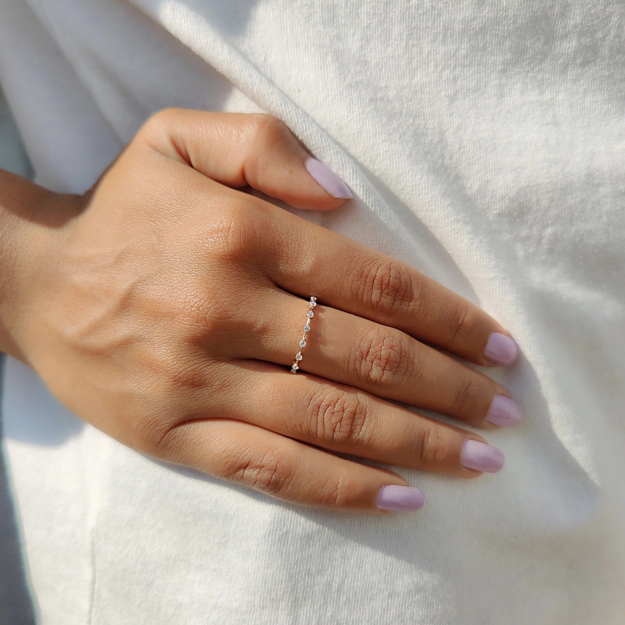 Dainty Round Moissanite Diamond Station Band Minimalist Stackable Ring