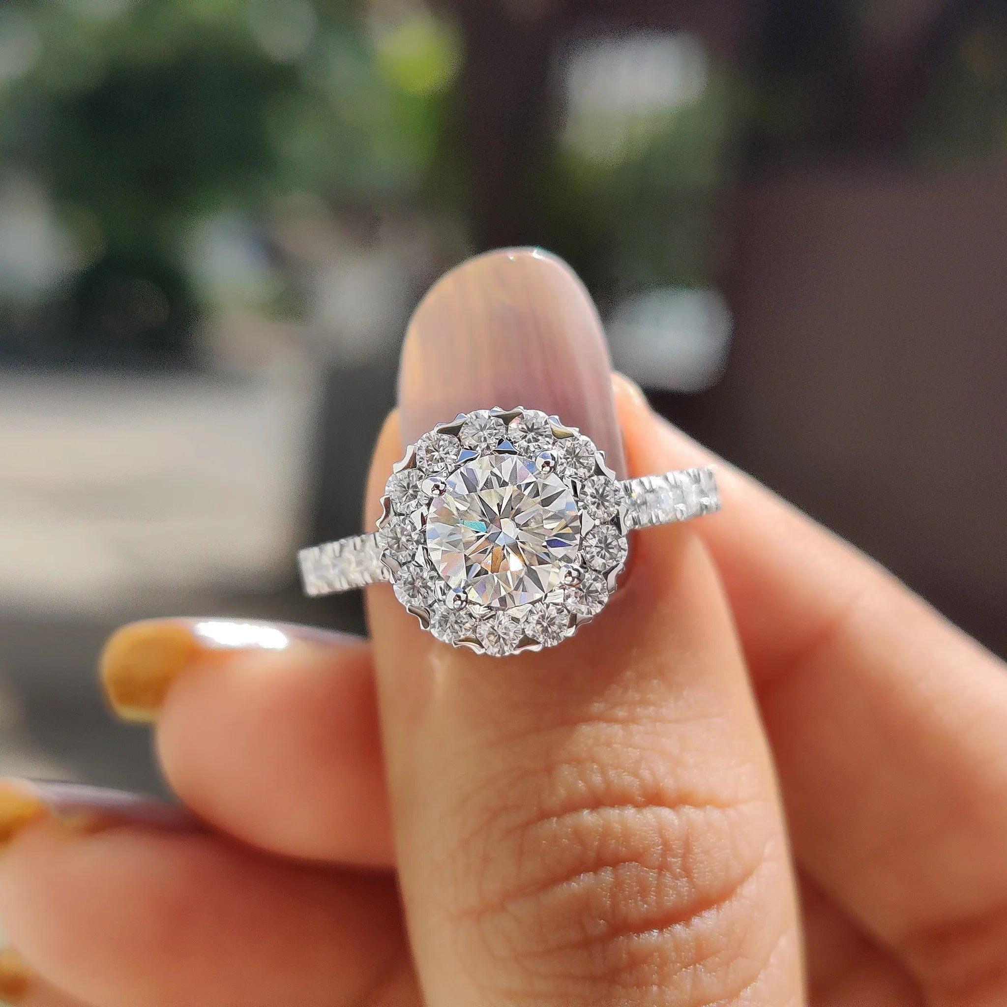 Round Cut Moissanite Halo Engagement Ring with Diamond Pave Band in White Gold
