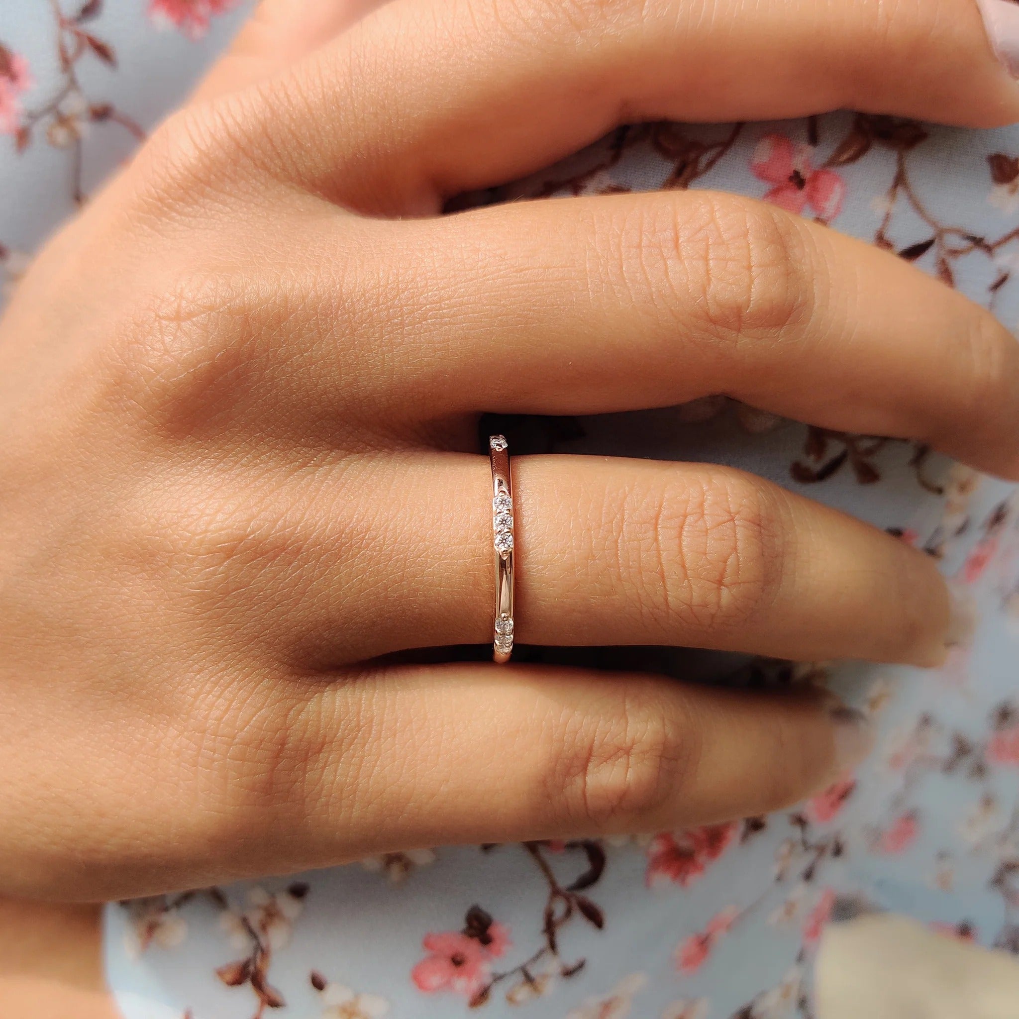 Dainty Moissanite Diamond Station Band Rose Gold Minimalist Stackable Wedding Ring