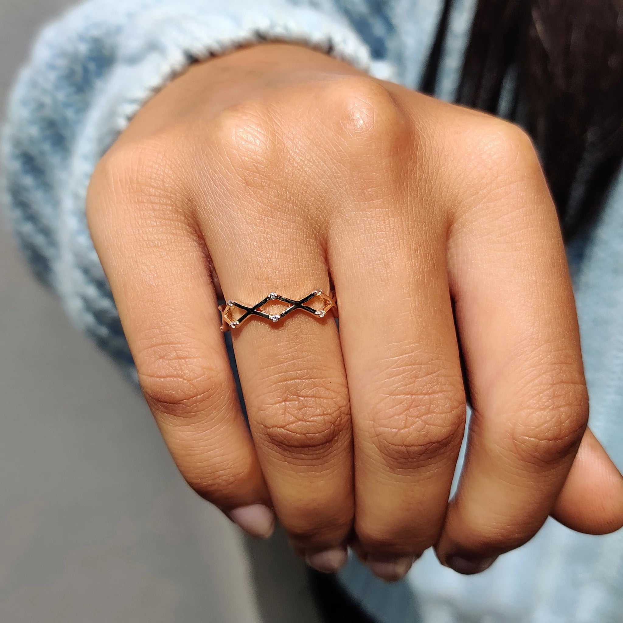 Dainty Moissanite & Diamond Zig Zag Stackable Ring in Polished Rose Gold Band