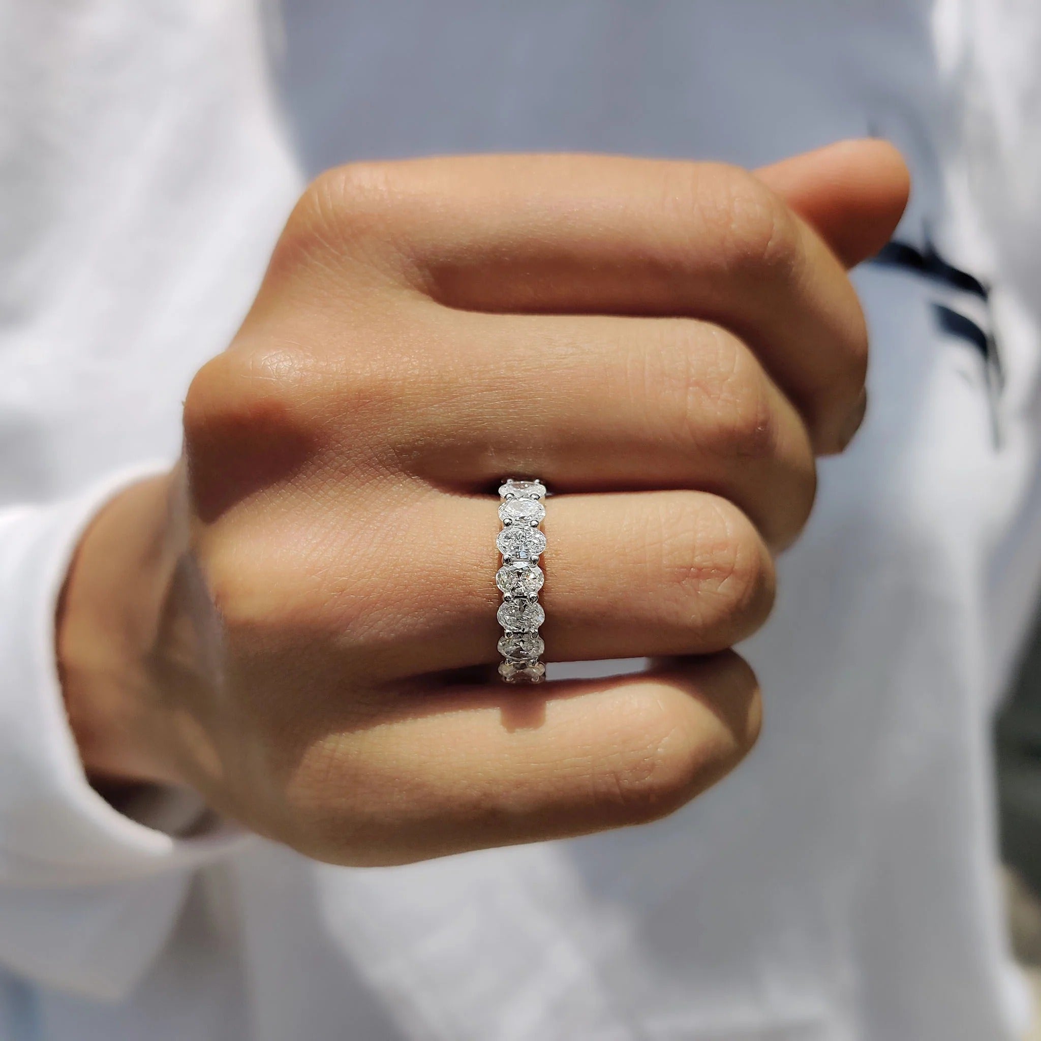 Oval Cut Moissanite Diamond Eternity Band Sterling Silver Stackable Wedding Ring