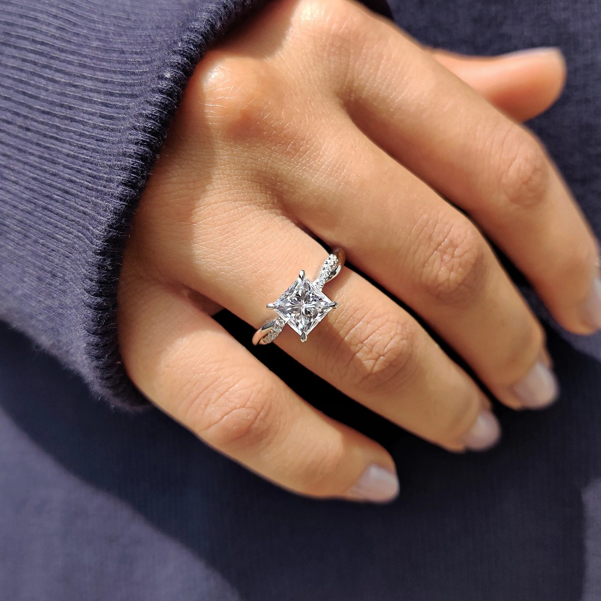 Princess Cut Moissanite Engagement Ring with Diamond Twist Band in White Gold