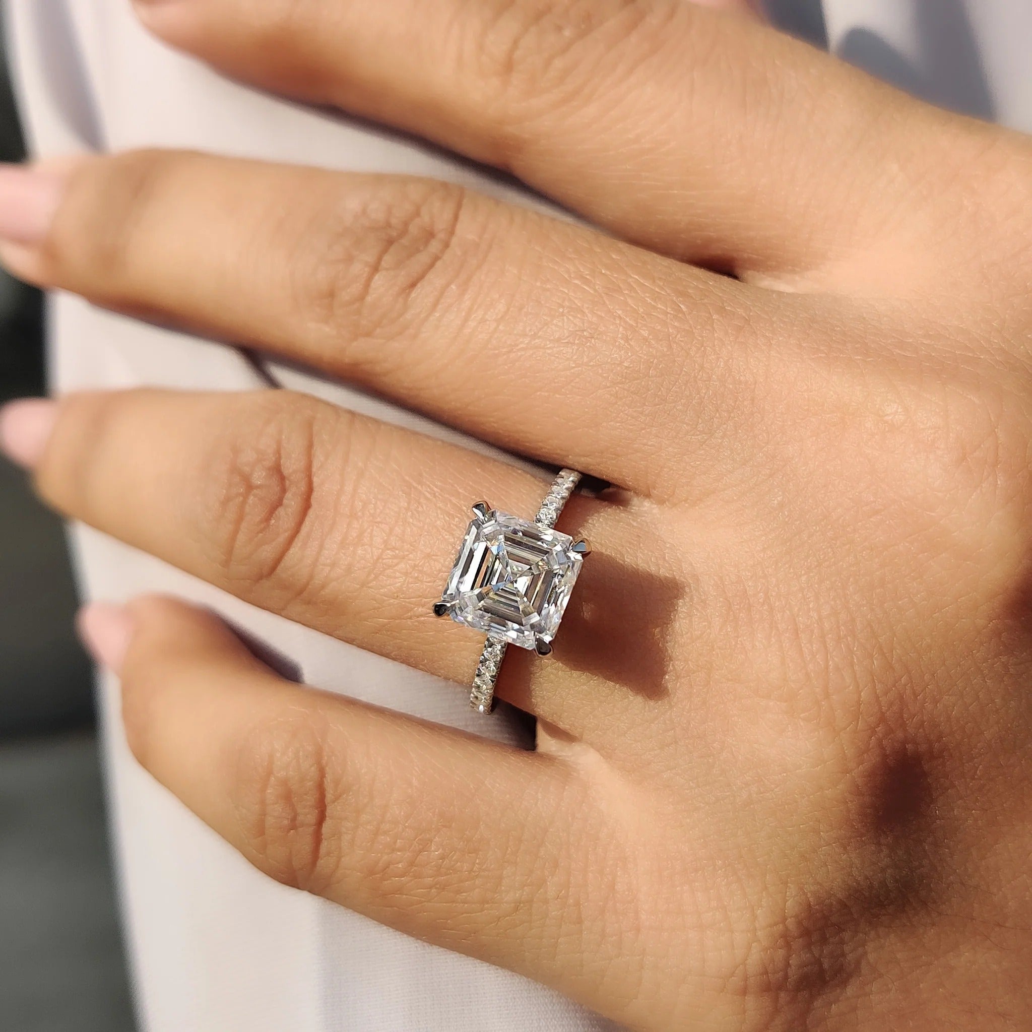 Asscher Cut Moissanite Engagement Ring with Diamond Pave Band