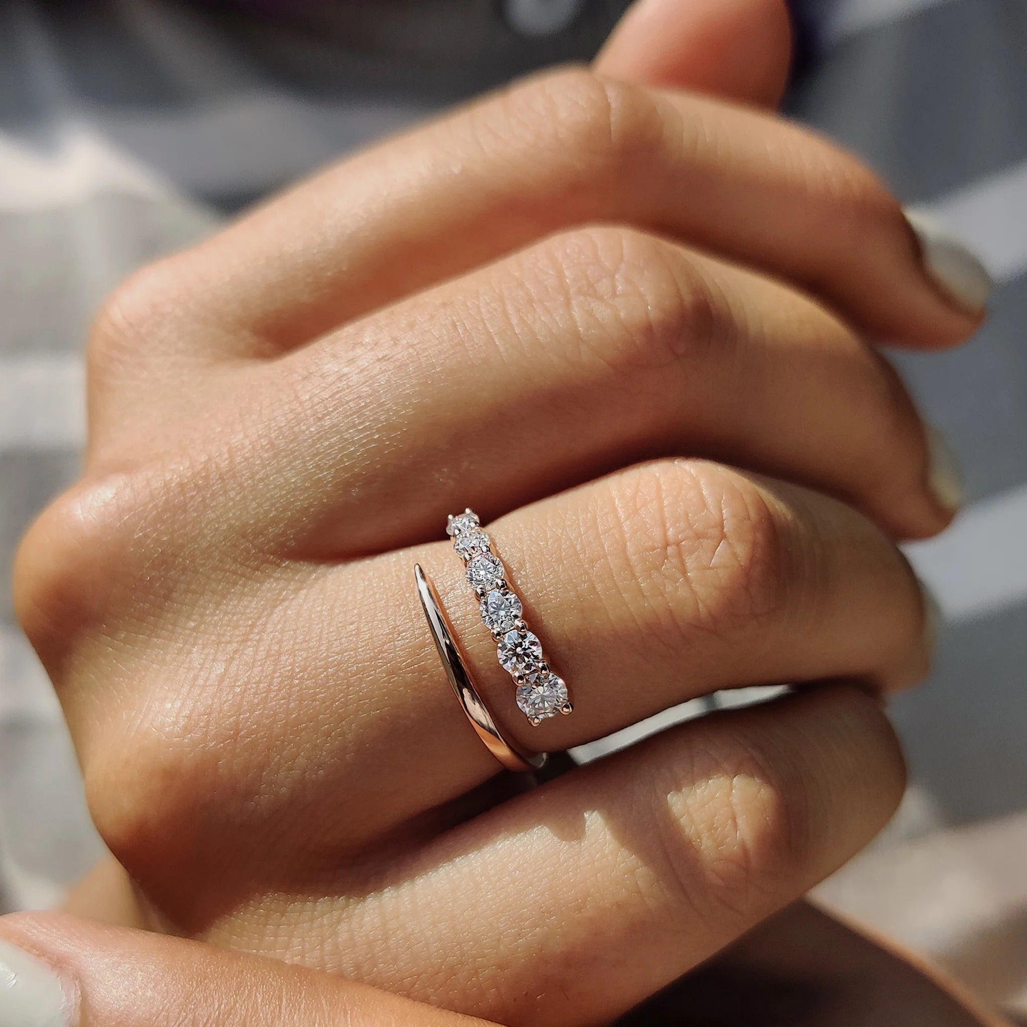 Dainty Moissanite & Diamond Open Wrap Ring in Rose Gold - Minimalist Stackable Band