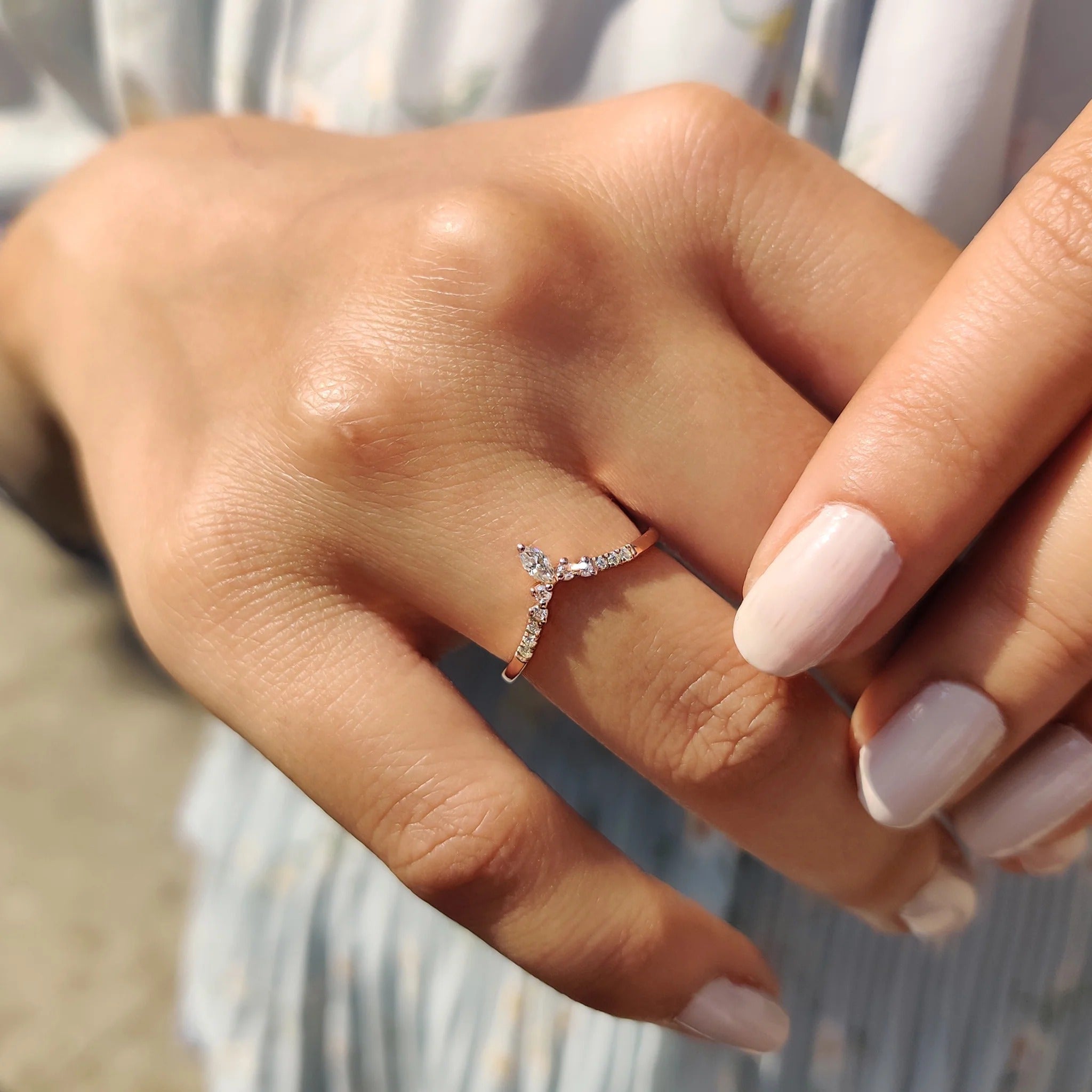 Marquise Moissanite Diamond Contour Band Dainty Rose Gold Stackable Wedding Ring