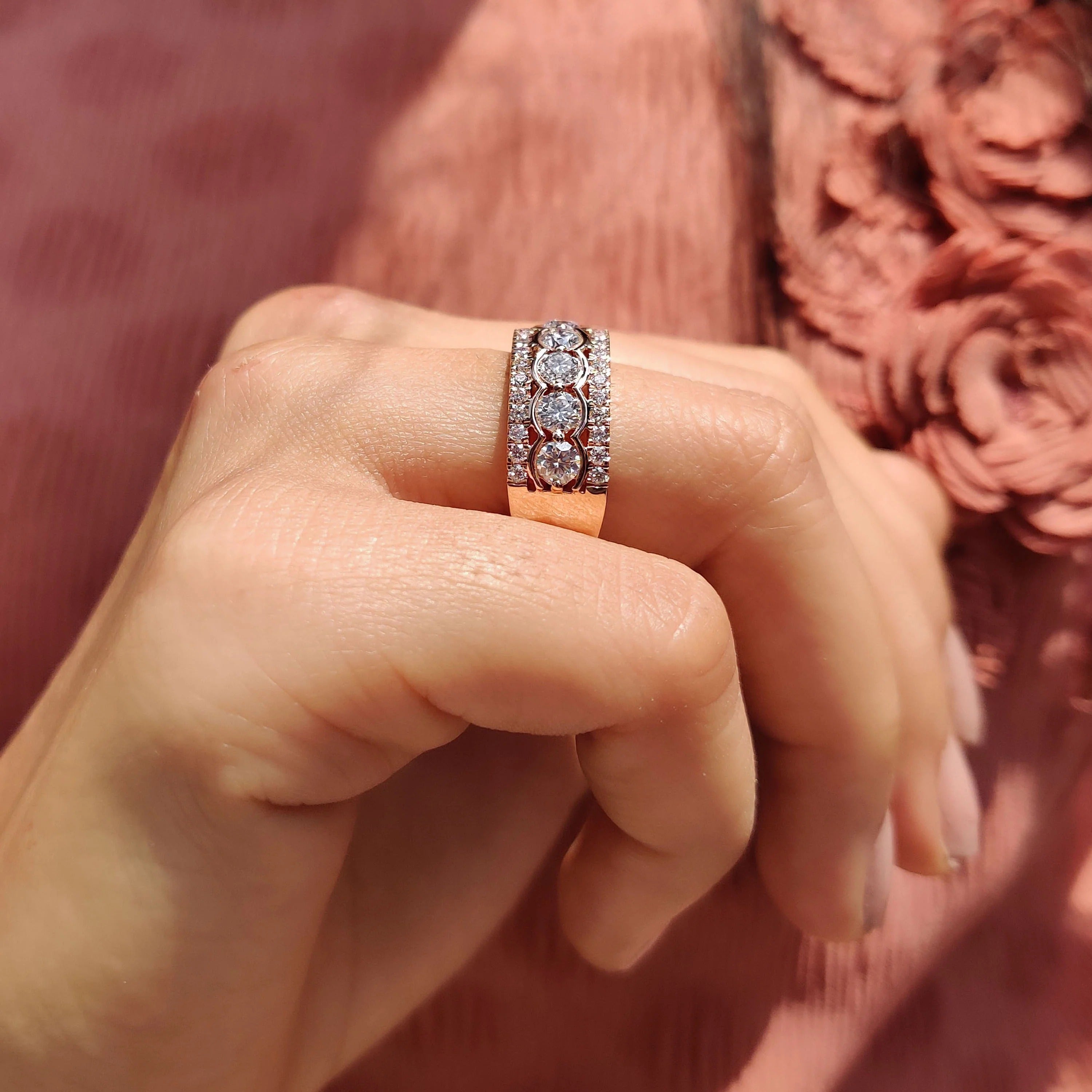 Moissanite Diamond Wide Eternity Band Stackable Rose Gold Statement Wedding Ring