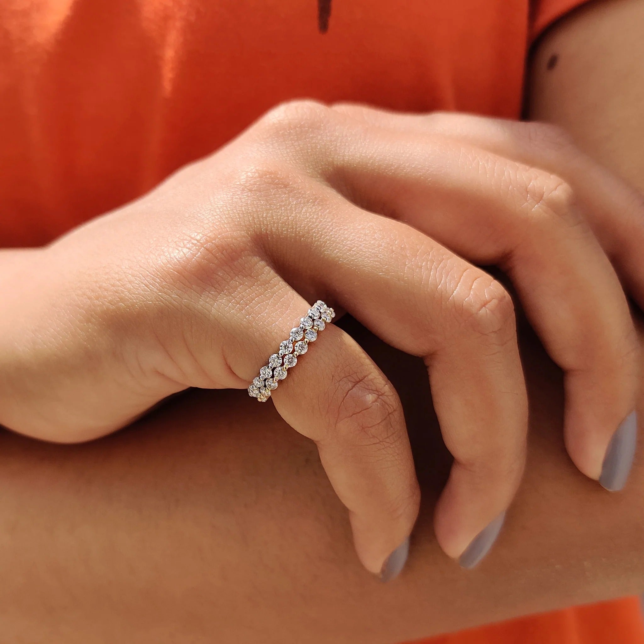 Moissanite and Diamond Double Row Eternity Band Stackable Wedding Ring
