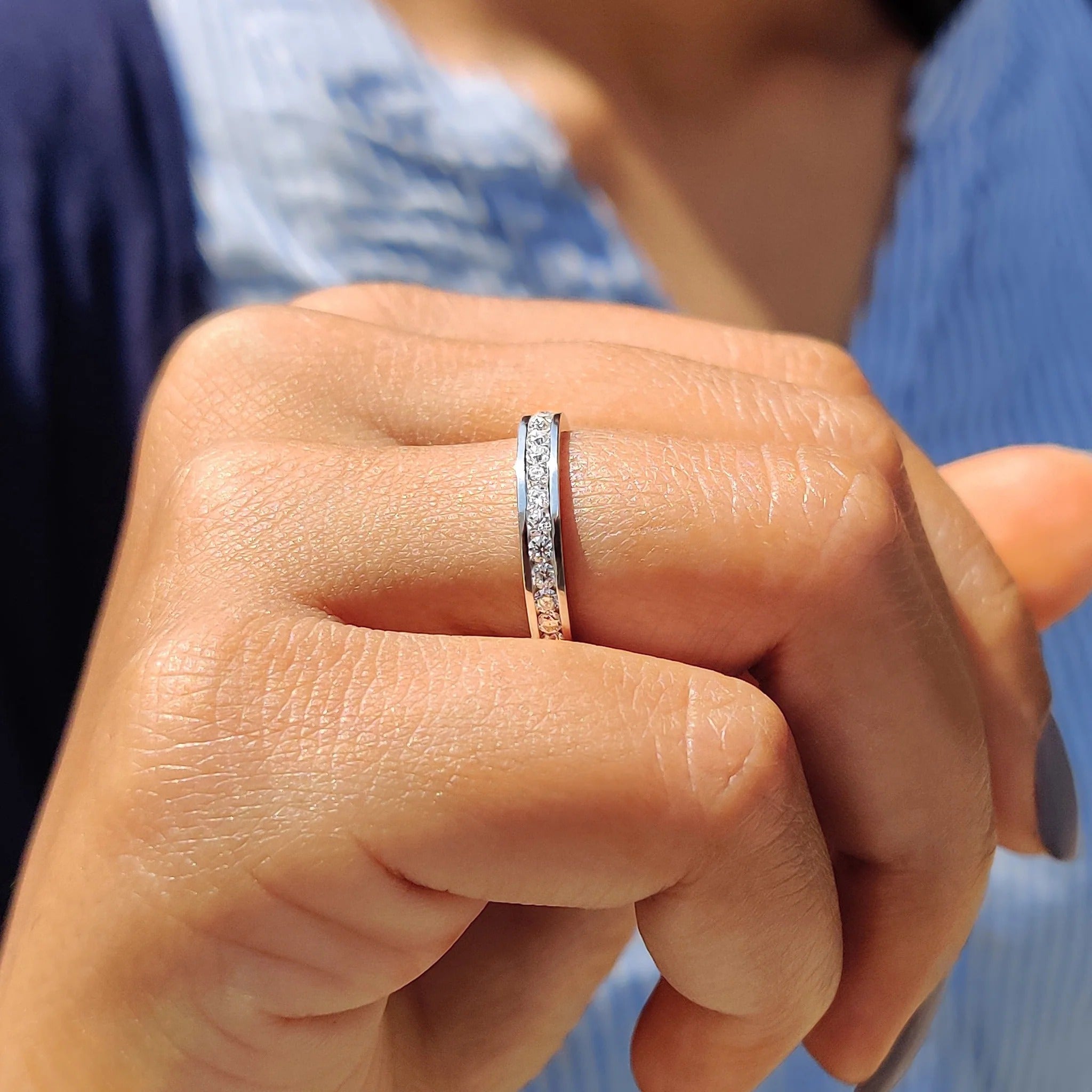 Moissanite Diamond Channel Set Eternity Band Minimalist Stackable Ring White Gold