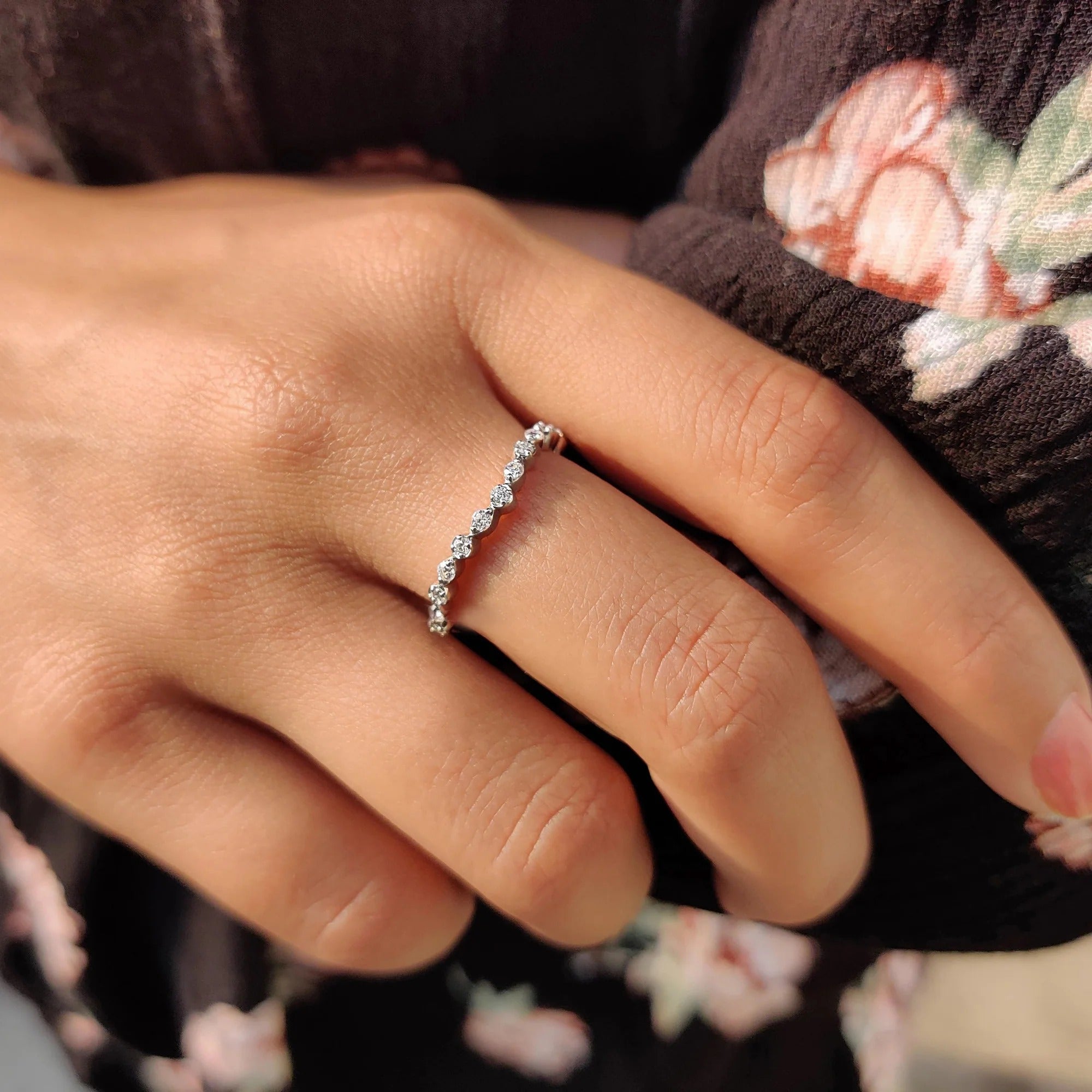 Curved Moissanite & Diamond Wedding Band - Dainty Stackable V-Shape Stacking Ring