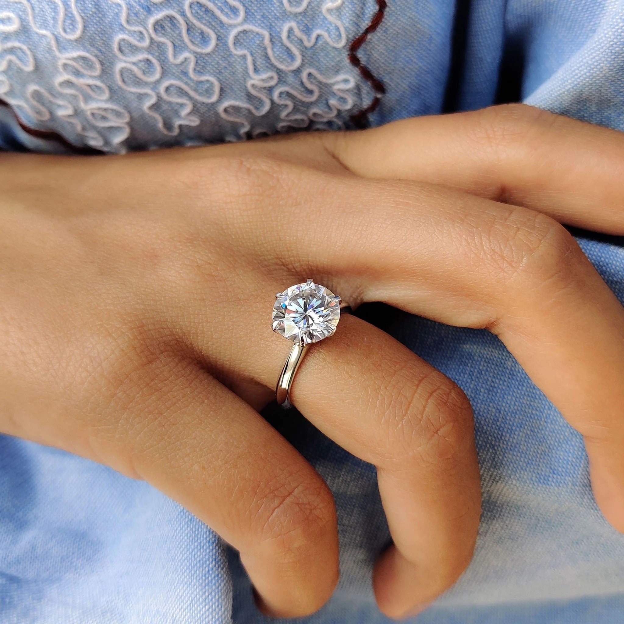 Round Cut Moissanite Solitaire Engagement Ring in Polished White Gold Band Setting