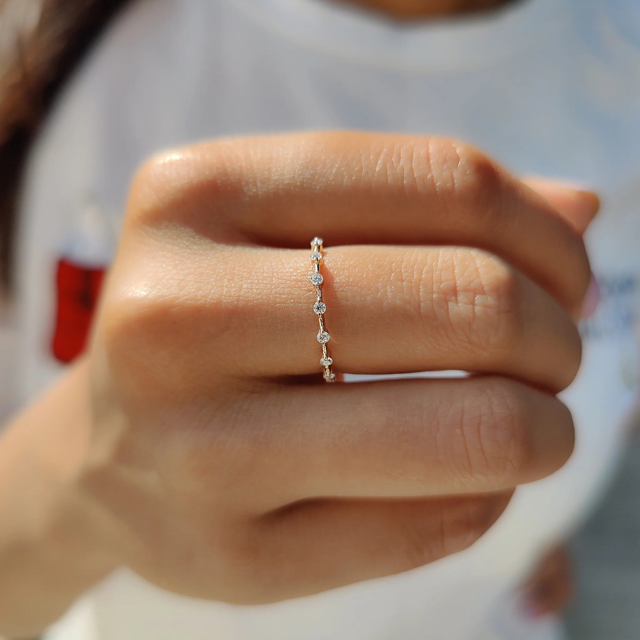 Dainty Moissanite Diamond Station Band Rose Gold Minimalist Stackable Wedding Ring