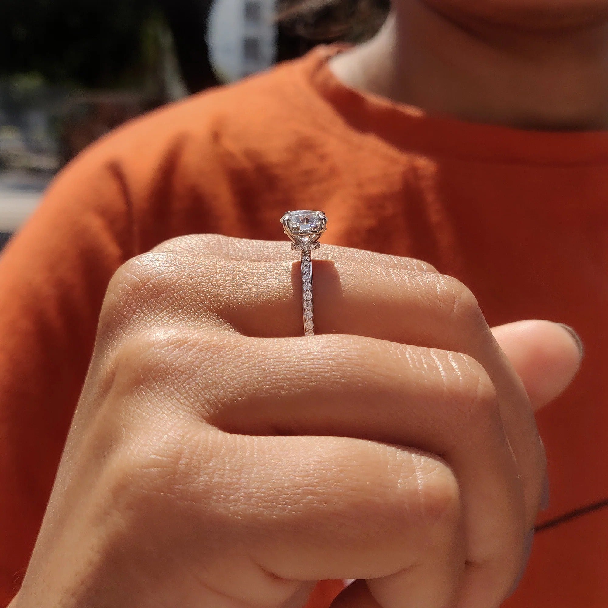 Round Cut Moissanite Engagement Ring with Diamond Pave Band in White Gold Setting