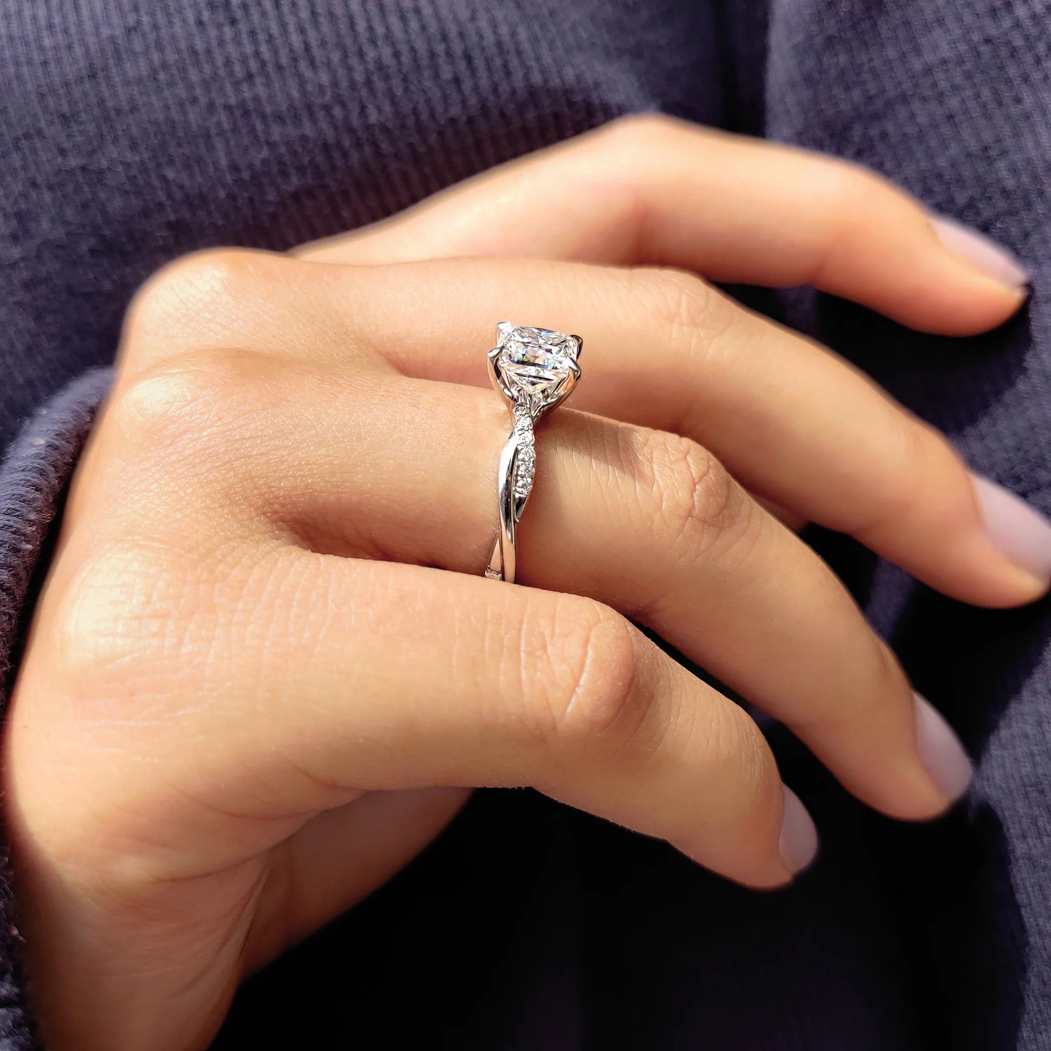 Princess Cut Moissanite Engagement Ring with Diamond Twist Band in White Gold