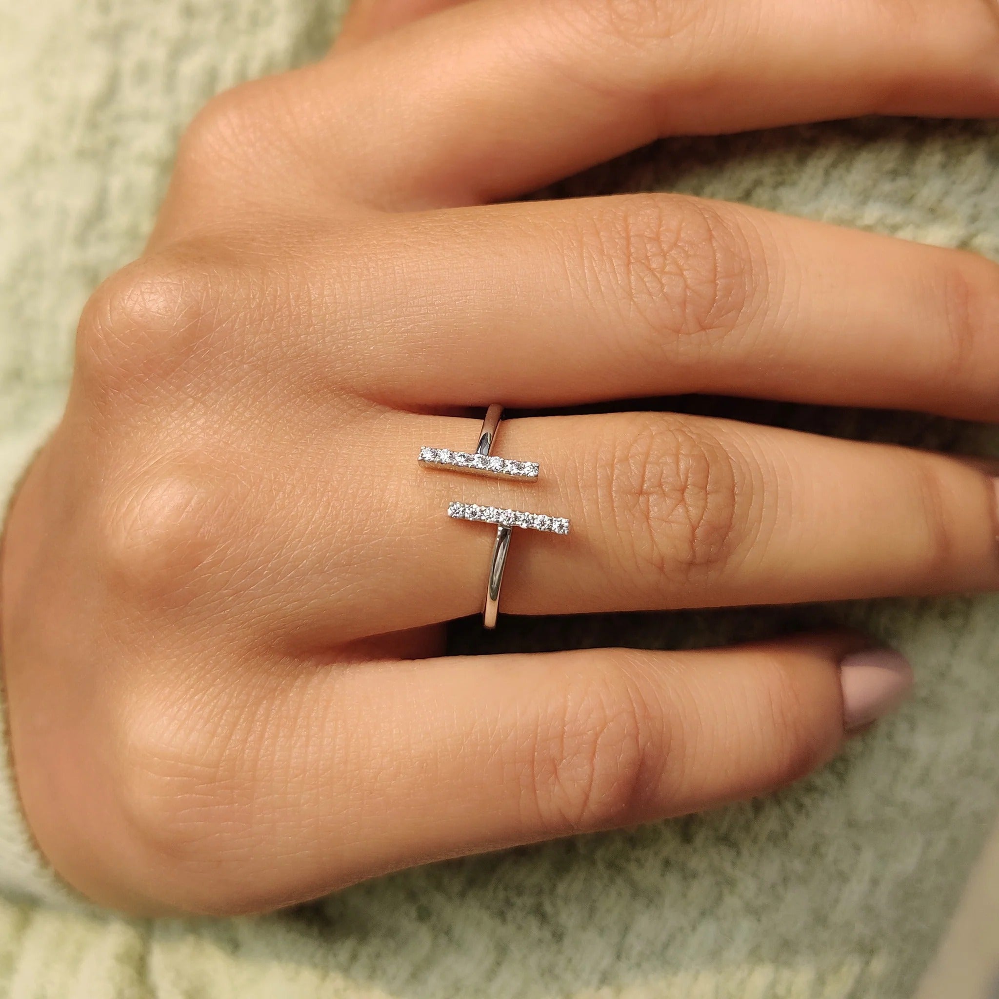 Modern Moissanite Diamond Bar Open Ring Sterling Silver Adjustable Stacking Band