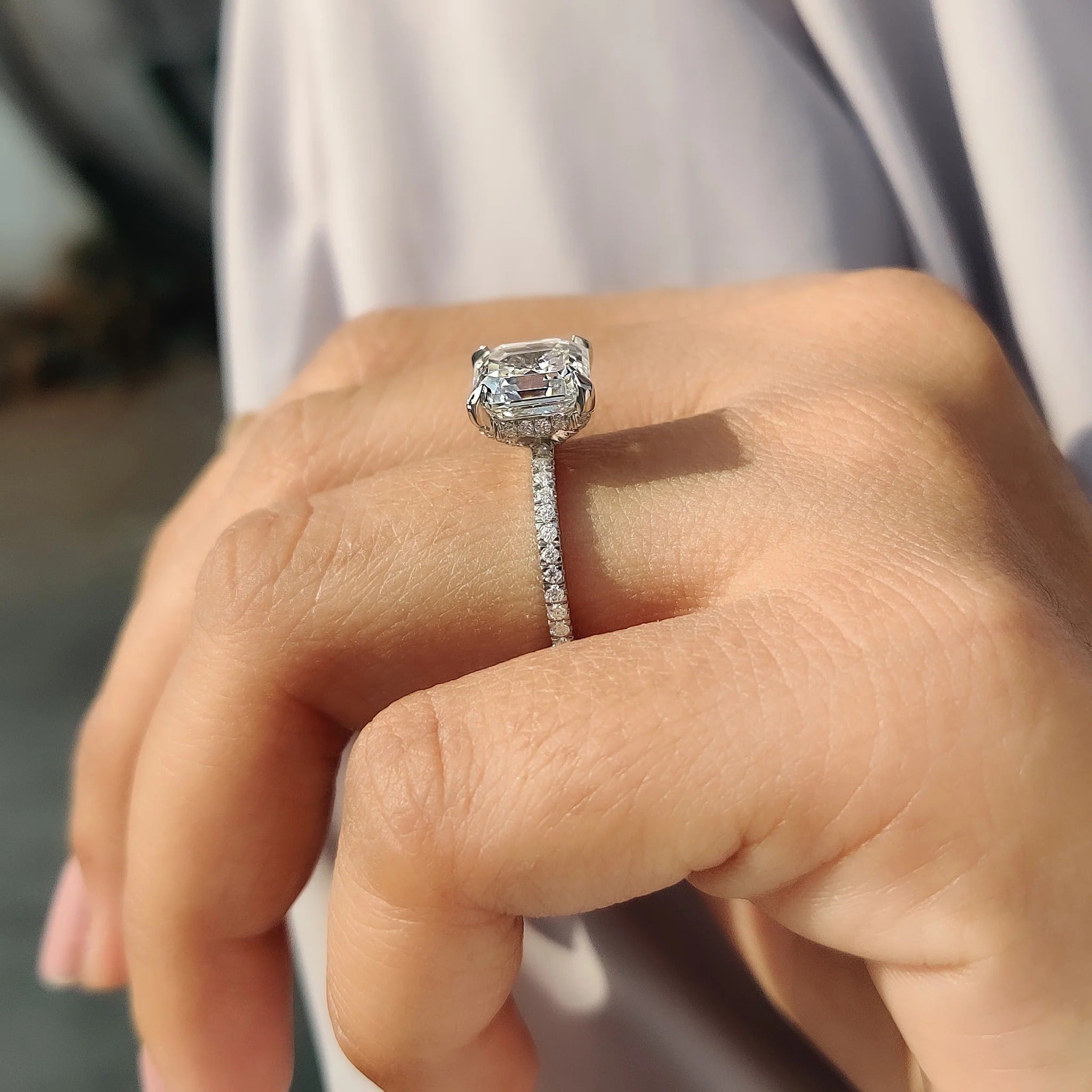 Asscher Cut Moissanite Engagement Ring with Diamond Pave Band