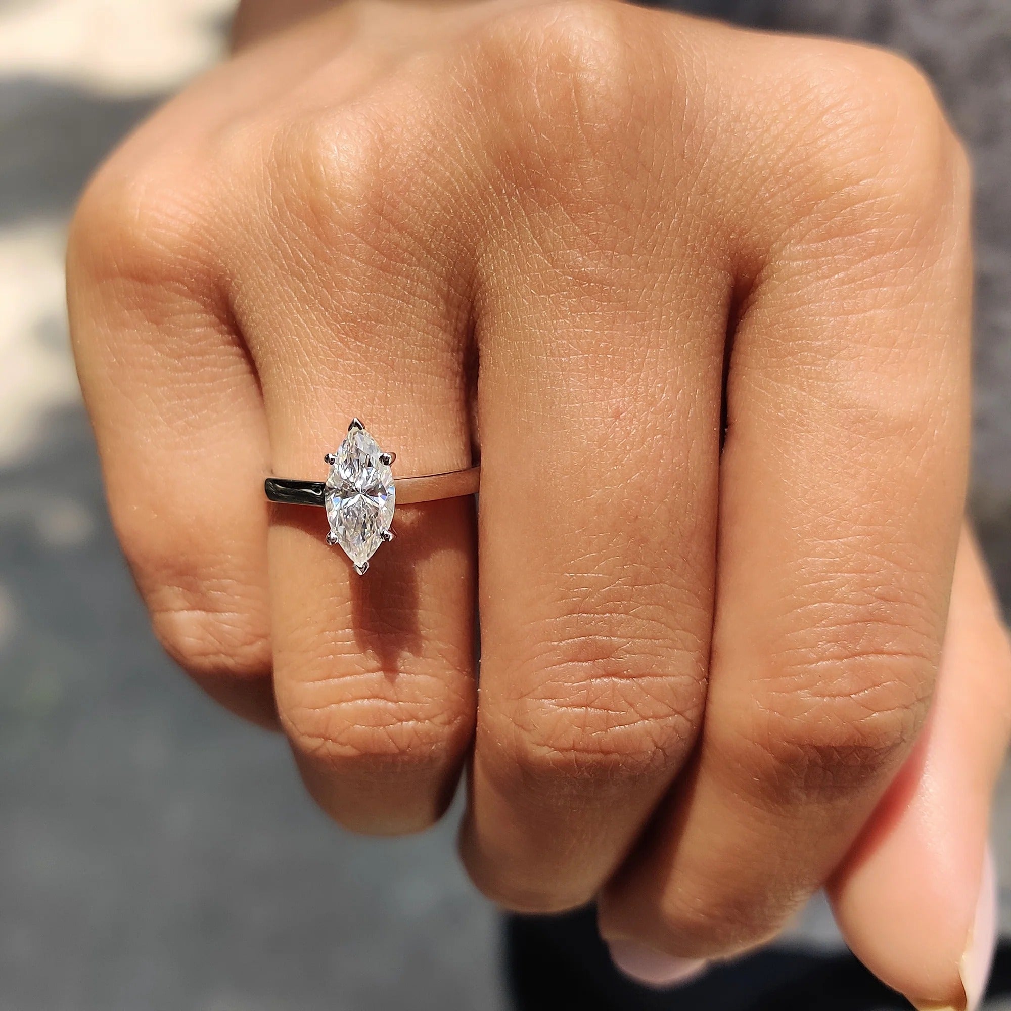 Marquise Cut Moissanite Engagement Ring Solitaire Setting in Polished White Gold Band