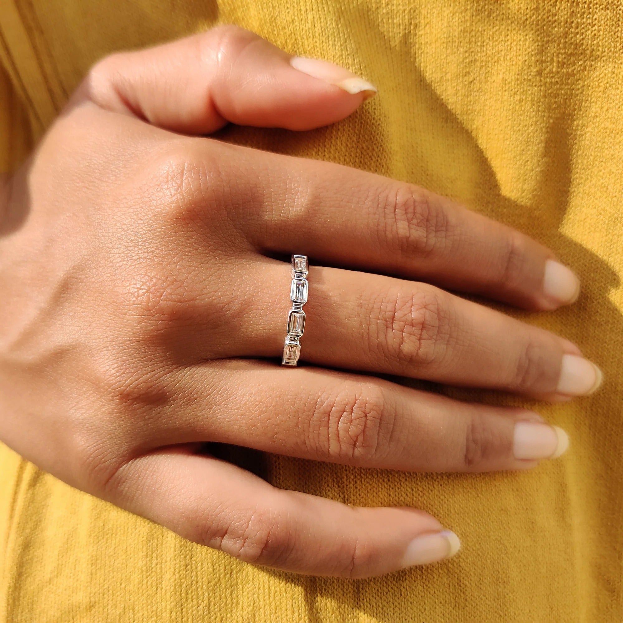Baguette Cut Moissanite Diamond Bezel Set Band Minimalist Stacking Wedding Ring Band