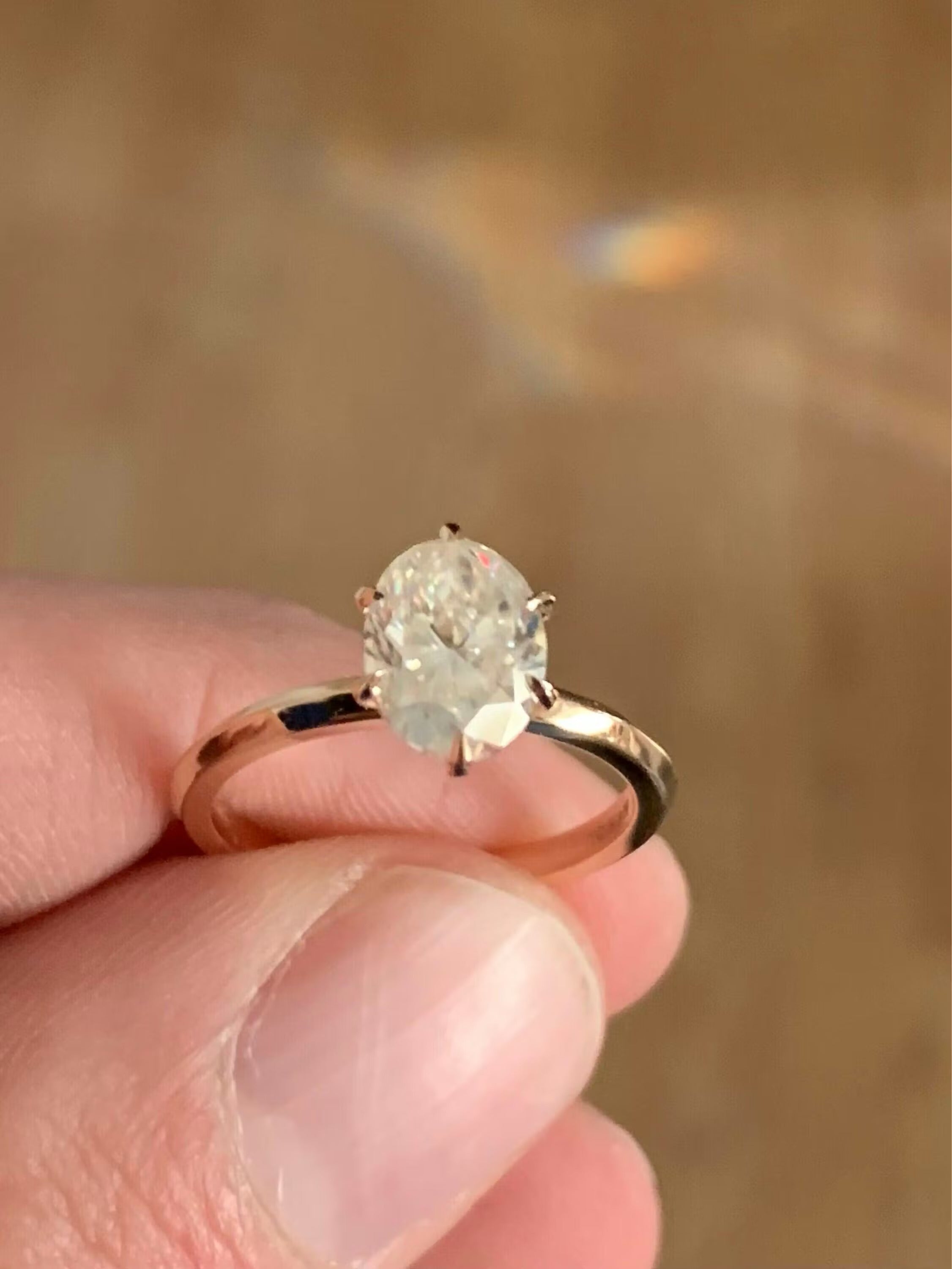 Oval Cut Moissanite Engagement Ring Solitaire Setting in Yellow Gold Minimalist Band