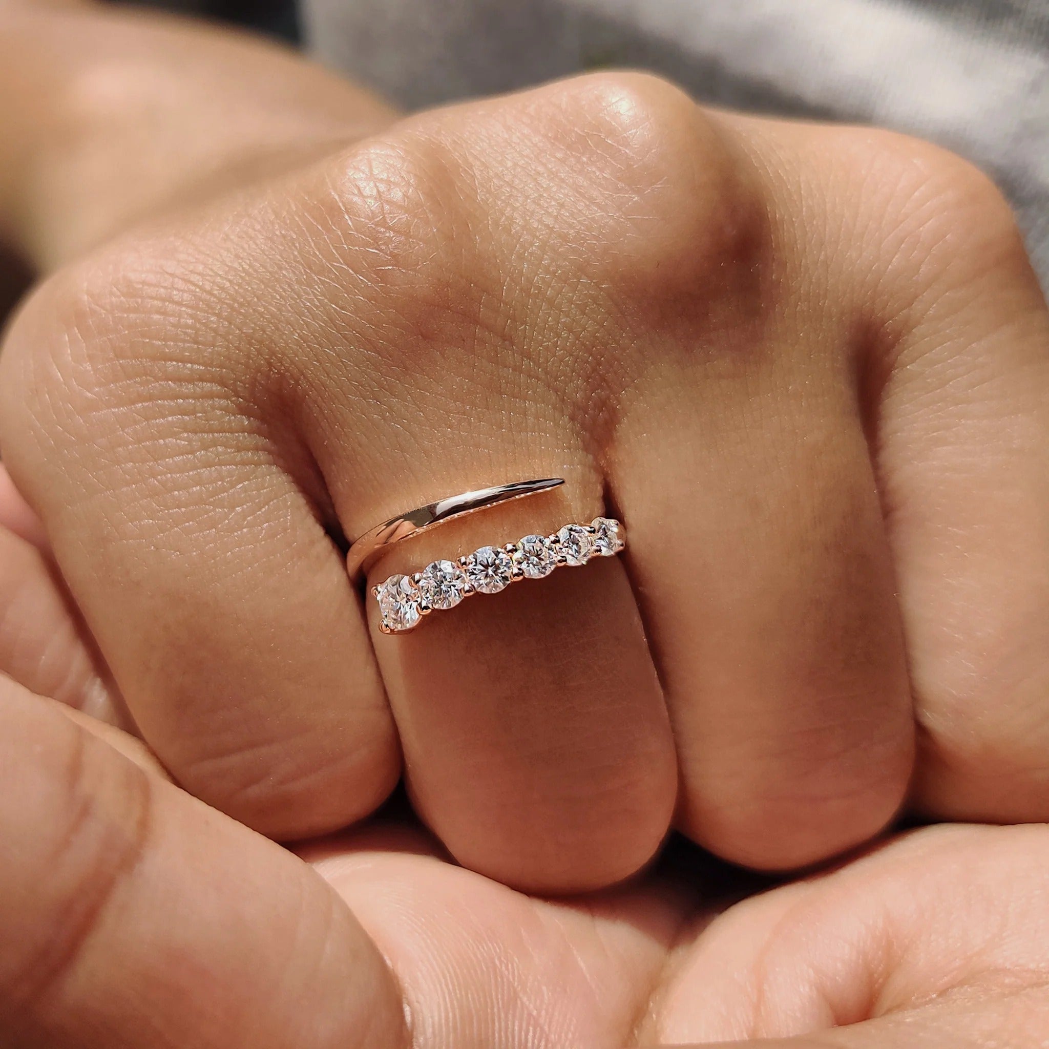 Dainty Moissanite & Diamond Open Wrap Ring in Rose Gold - Minimalist Stackable Band